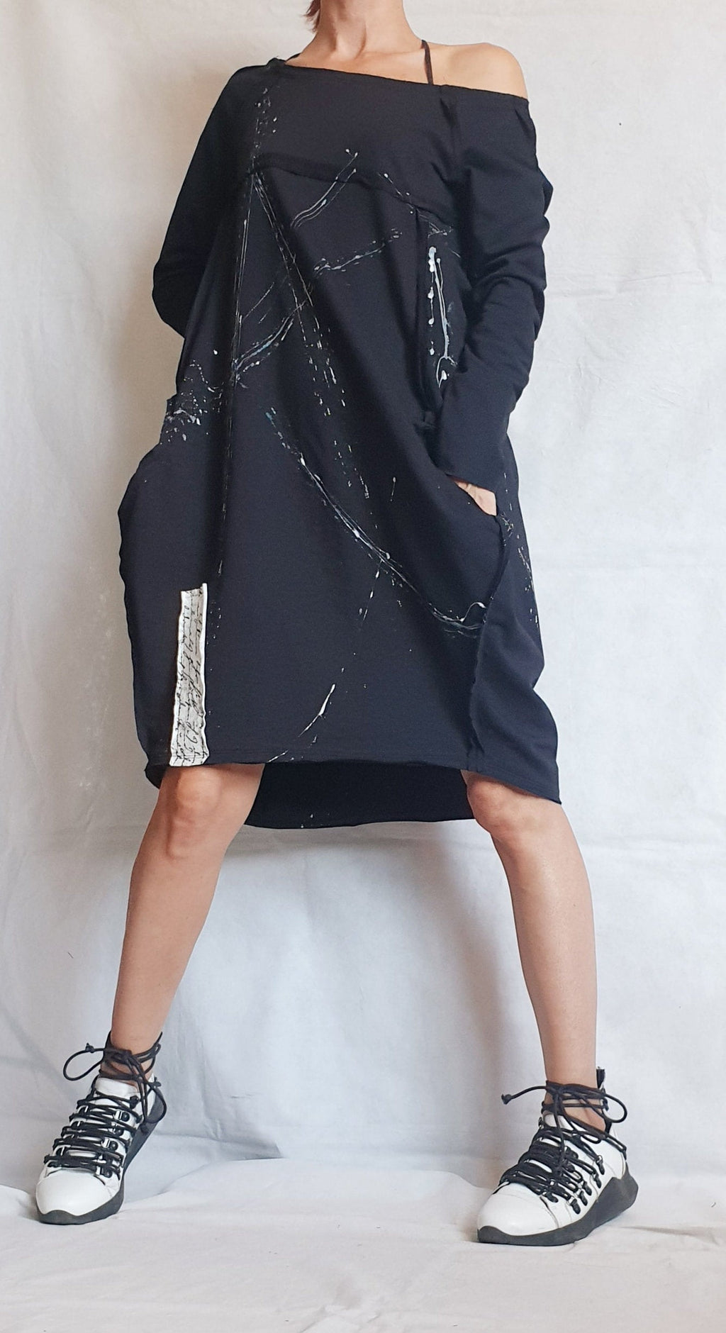 Black Dress, One Shoulder Dress, Tunic Dress, Plus Size Clothing, Blouson Dress, Asymmetric Dress, Long Sleeve Dress, Knee Length Dress