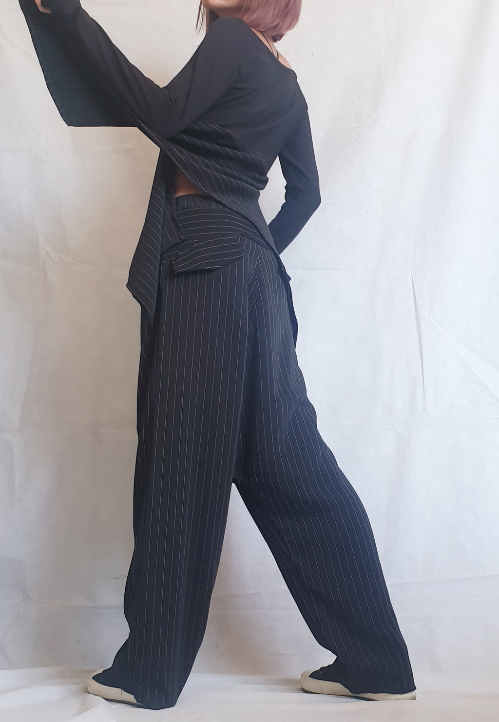 Extravagant Women Set, Blouse with Harem pant, Asymmetrical Blouse, Wide Leg Pants, Loose Modern Set, Black Strips Set, Blouse Pants Suit