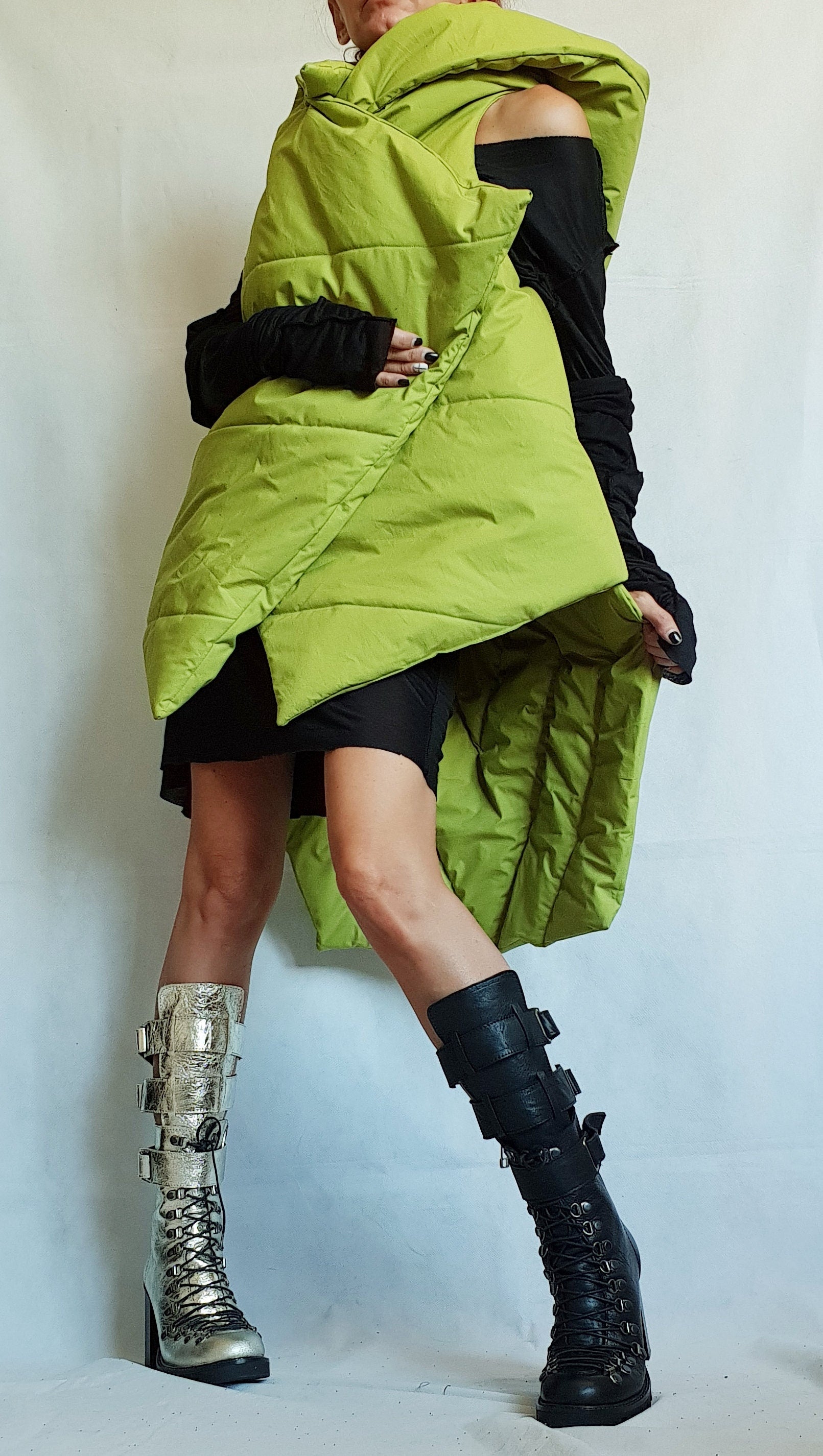 Green Jacket, Winter Jacket, Hooded Jacket, Plus Size Clothing, Sleeveless Jacket, Extravagant Jacket, Avant Garde Jacket, Vest Jacket