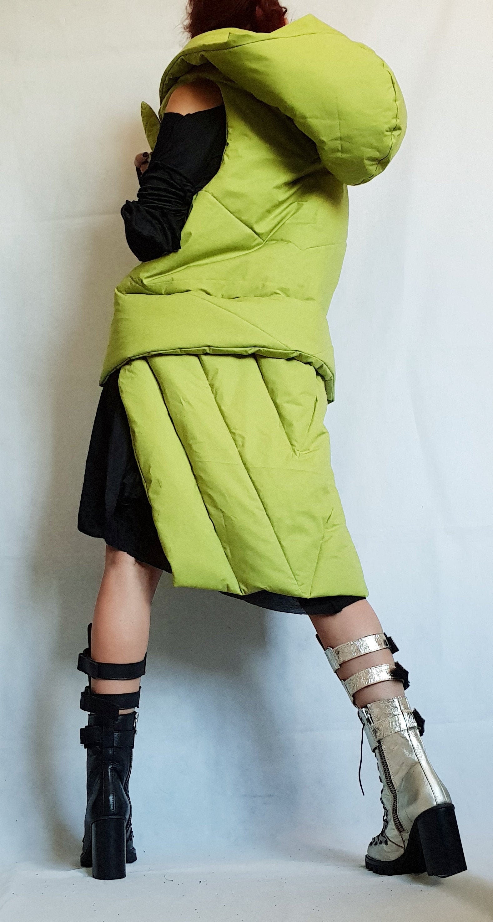 Green Jacket, Winter Jacket, Hooded Jacket, Plus Size Clothing, Sleeveless Jacket, Extravagant Jacket, Avant Garde Jacket, Vest Jacket