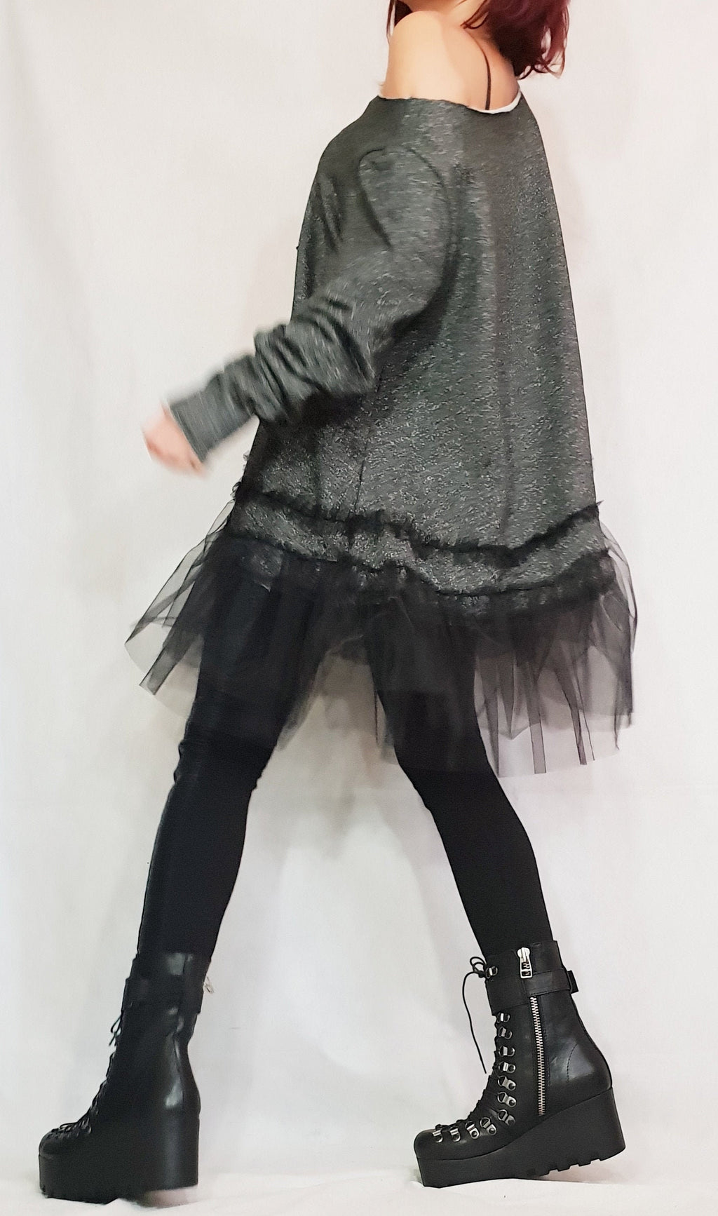 Avant Garde Tunic Dress, Deconstructed Top, Loose Tunic, Steampunk Tunic, Oversize Tunic Dress, Tulle Top, Off Shoulder Tunic, Long Sleeve