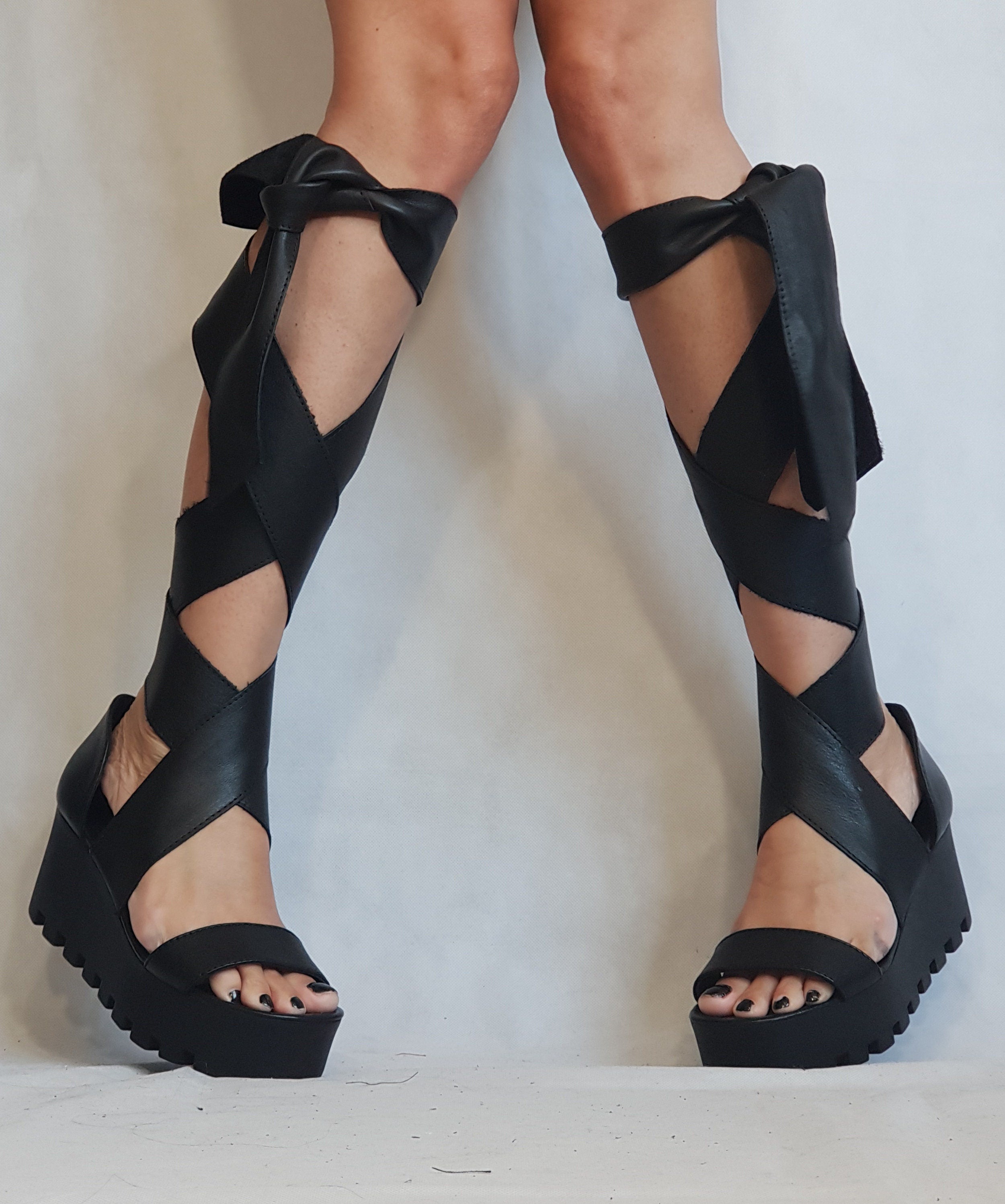 Silver Sandals, Knee High Sandals, Leather Sandals, Gladiator Sandals, Platform Shoes, Steampunk Shoes, Strappy Sandals, Gothic Sandals