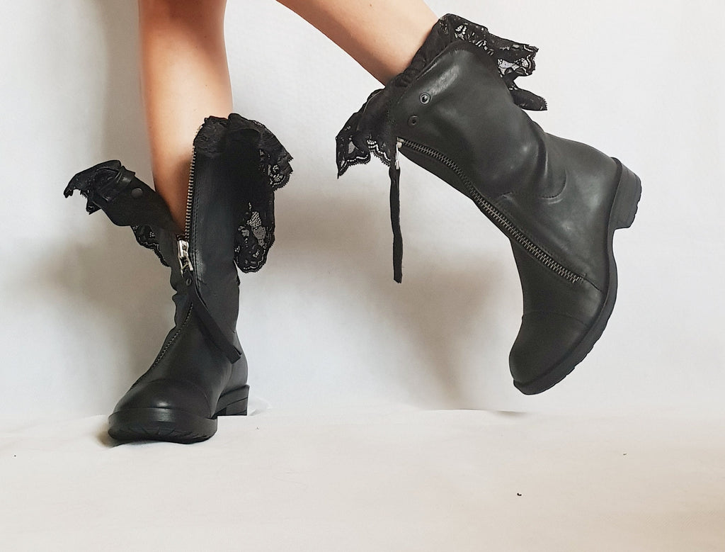 Black Leather Shoes, Leather Booties, All seasons, Gothic Shoes, No Tie Shoes, Steampunk Shoes, Comfortable Shoes, Grunge Booties, Lace
