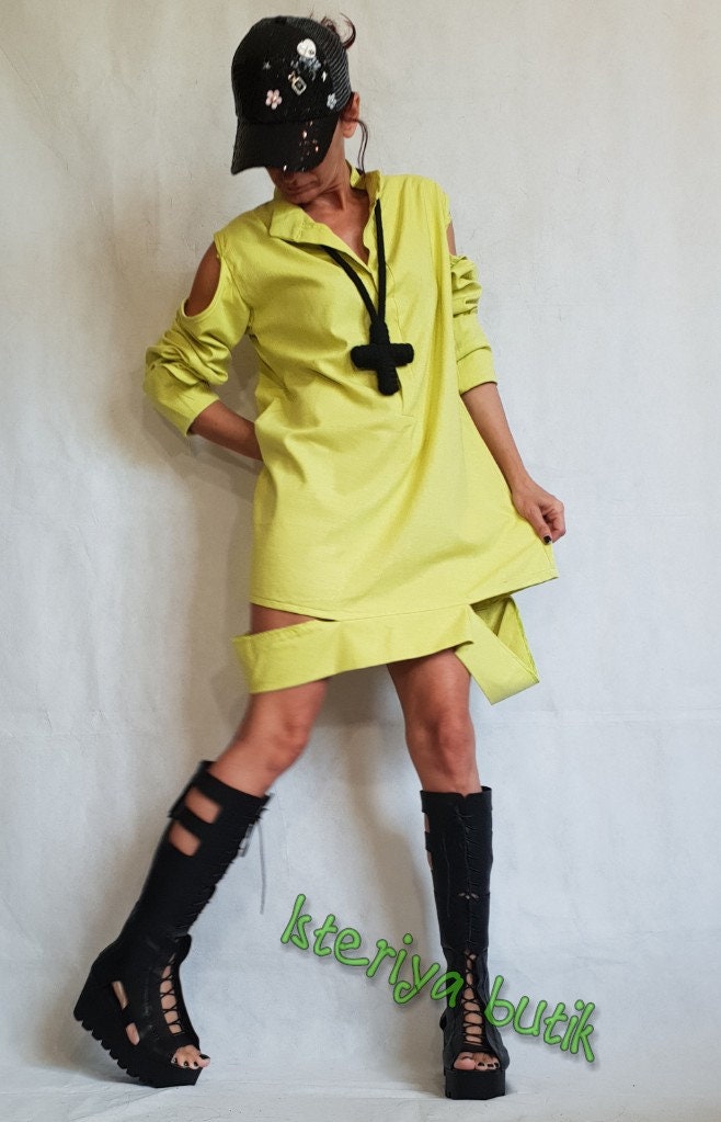 Yellow Dress, Linen Dress, Tunic Dress, Women Dress, Shirt Dress, Sexy Dress, Extravagant Dress, Plus Size Clothing, Collar Dress, Linen