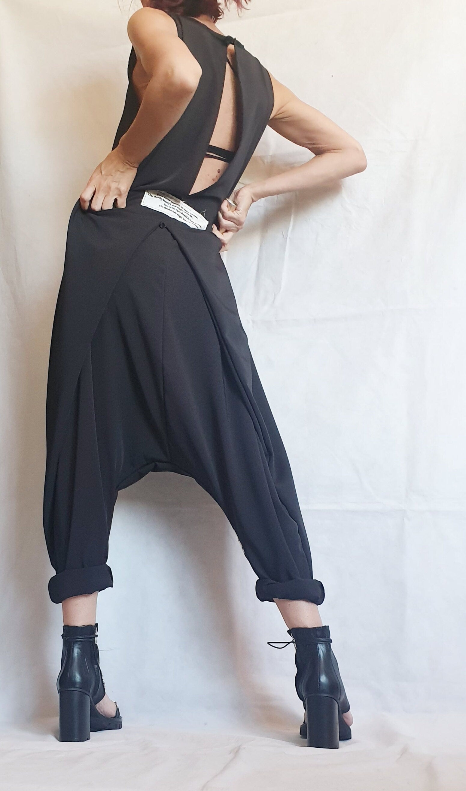 Asymmetric long Jumpsuit/Harem Jumpsuit/Boho Jumpsuit/ Gothic Jumpsuit / Extravagant Wide Leg Overall/Steampunk Jumpsuit/Sleeveless Jumpsuit