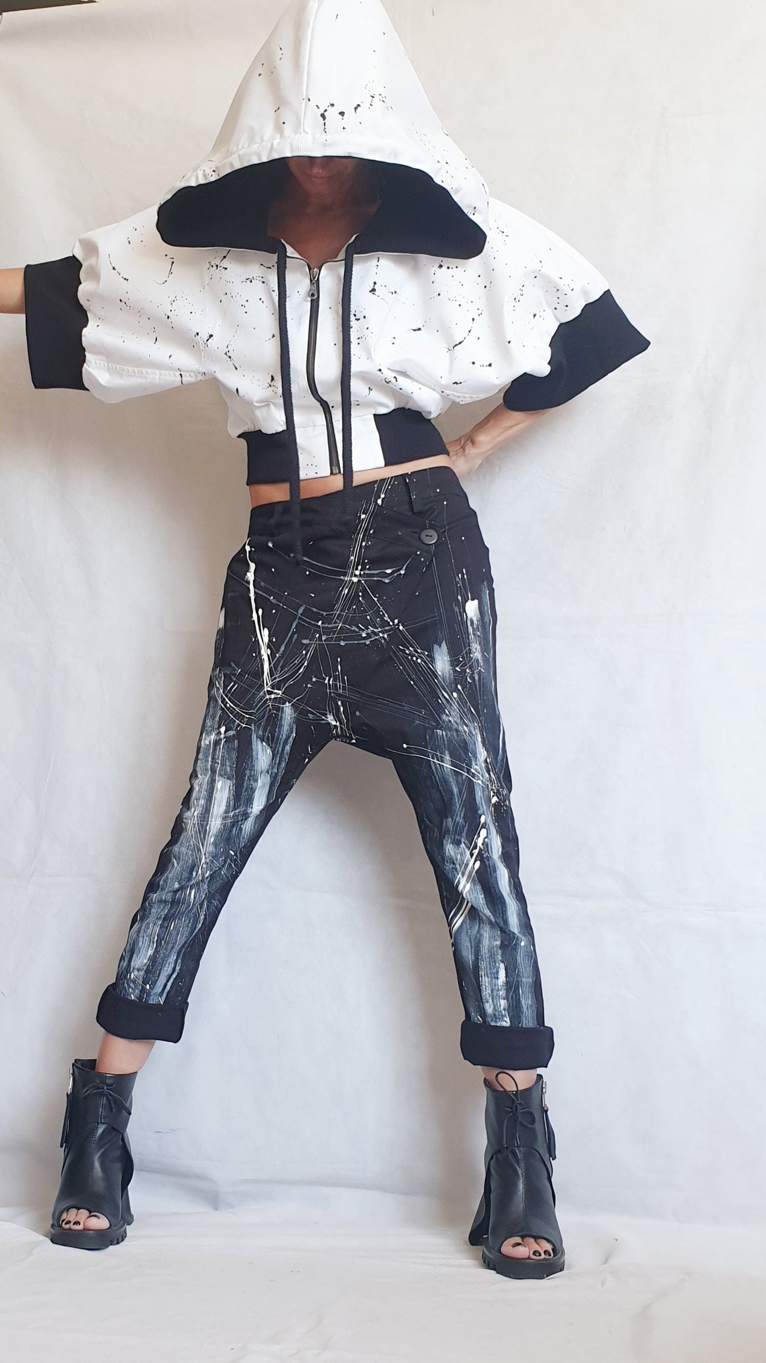 Bomber Jacket, Short Jacket, White Black Jacket, Hooded Winter Jacket, Plus Size Clothing, Urban Clothing, Loose Jacket, Zipper Jacket