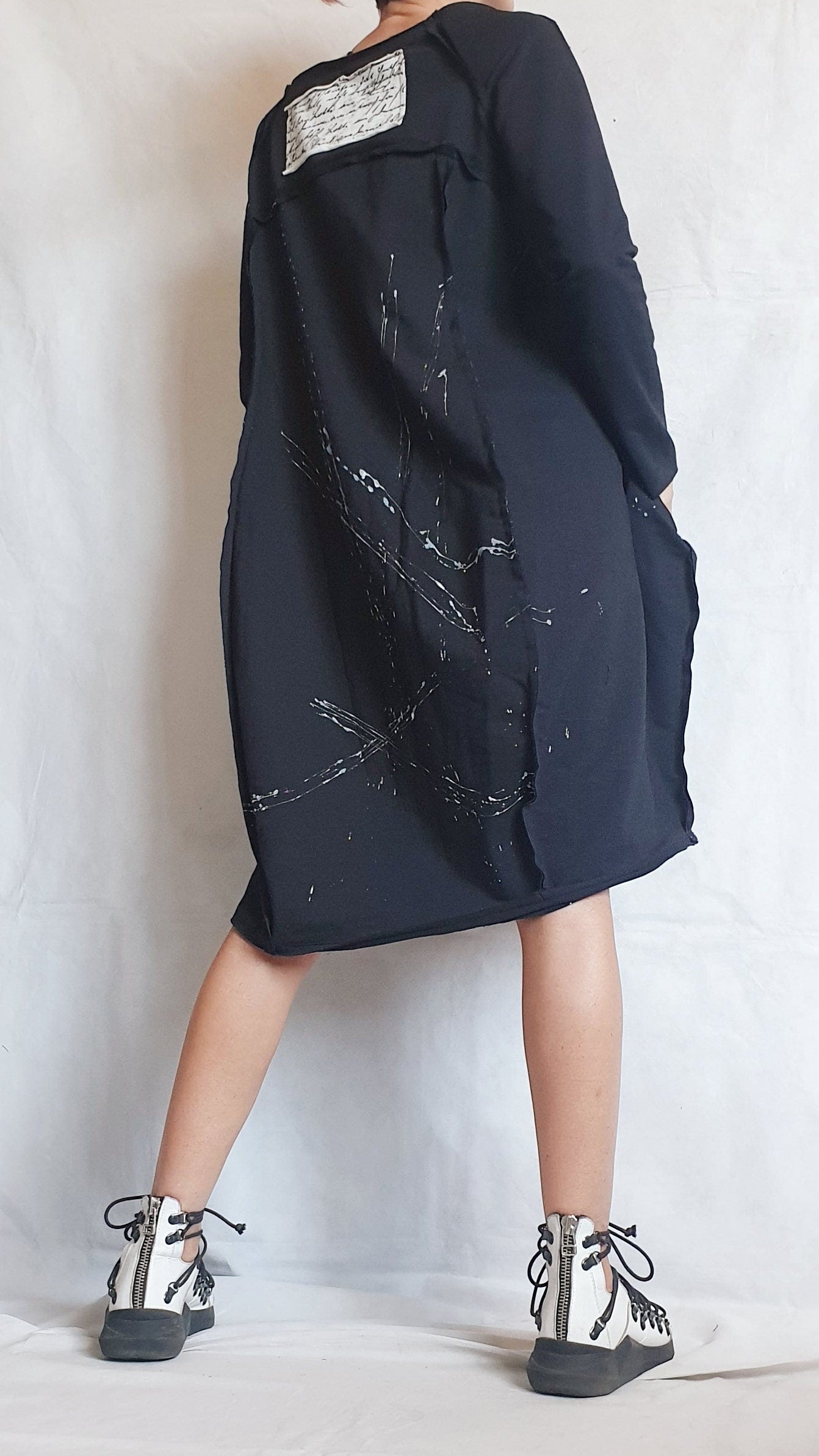 Black Dress, One Shoulder Dress, Tunic Dress, Plus Size Clothing, Blouson Dress, Asymmetric Dress, Long Sleeve Dress, Knee Length Dress