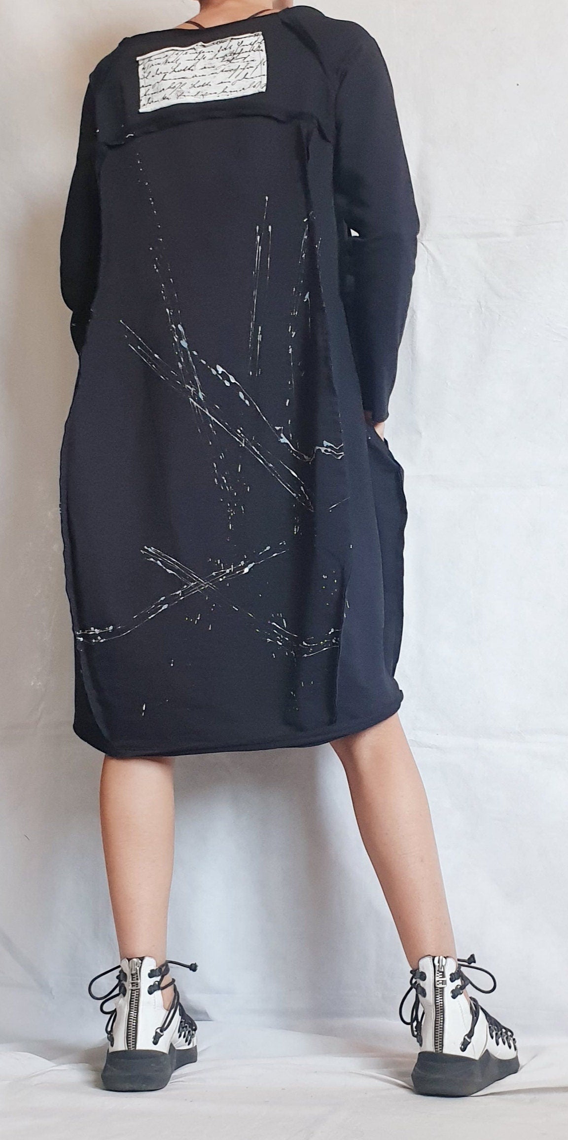 Black Dress, One Shoulder Dress, Tunic Dress, Plus Size Clothing, Blouson Dress, Asymmetric Dress, Long Sleeve Dress, Knee Length Dress