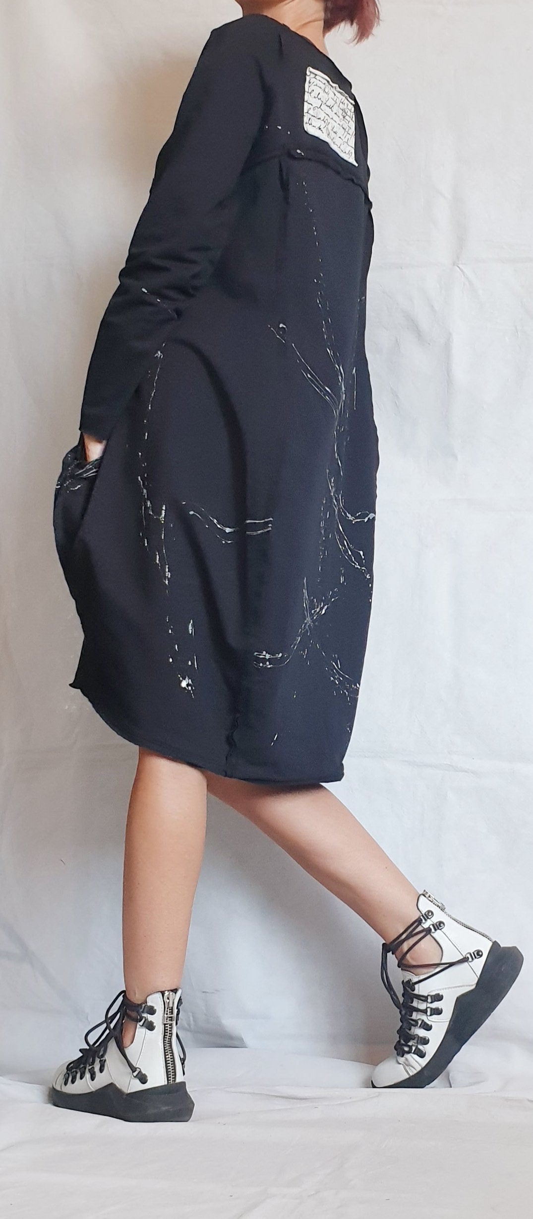 Black Dress, One Shoulder Dress, Tunic Dress, Plus Size Clothing, Blouson Dress, Asymmetric Dress, Long Sleeve Dress, Knee Length Dress