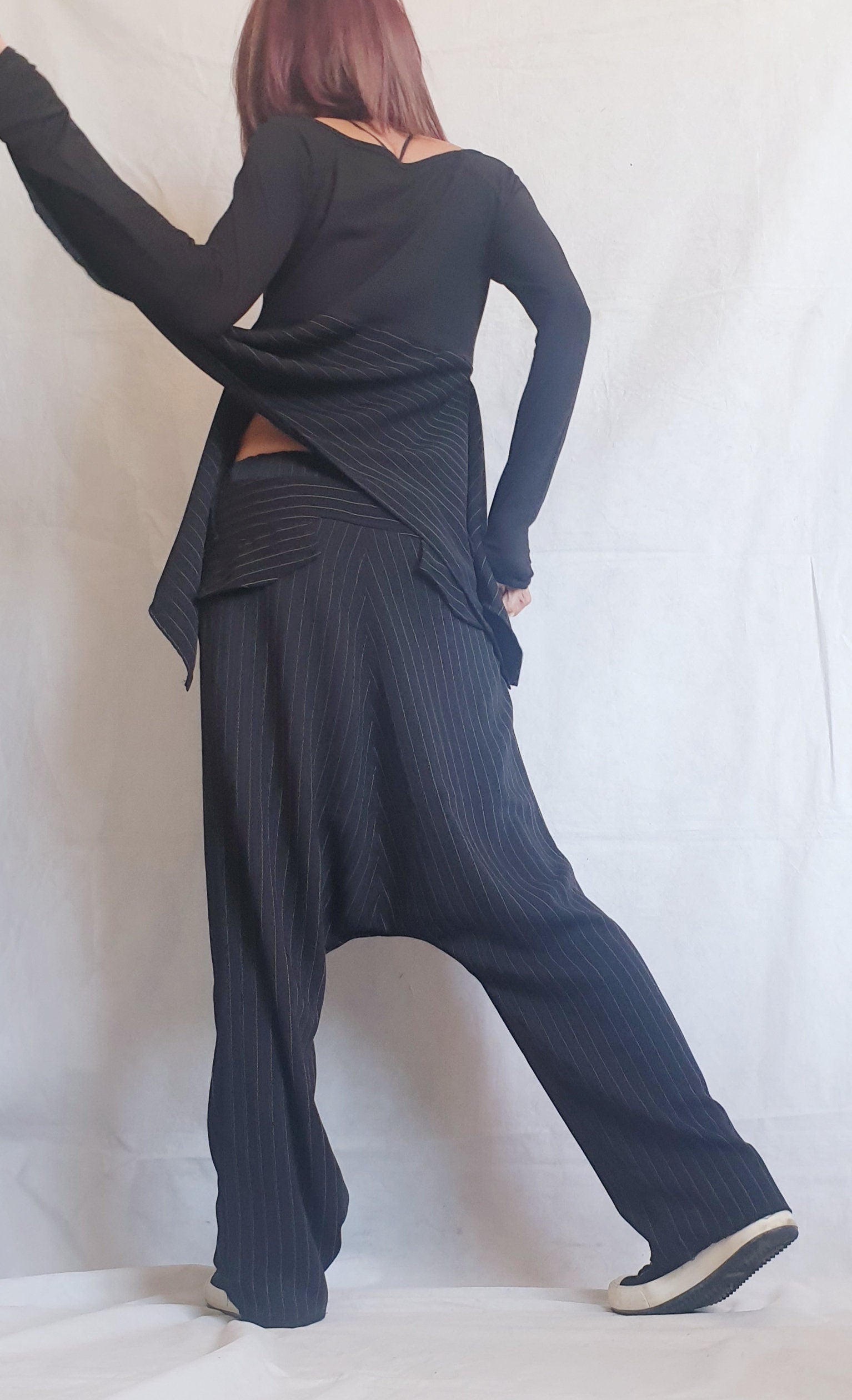 Extravagant Women Set, Blouse with Harem pant, Asymmetrical Blouse, Wide Leg Pants, Loose Modern Set, Black Strips Set, Blouse Pants Suit