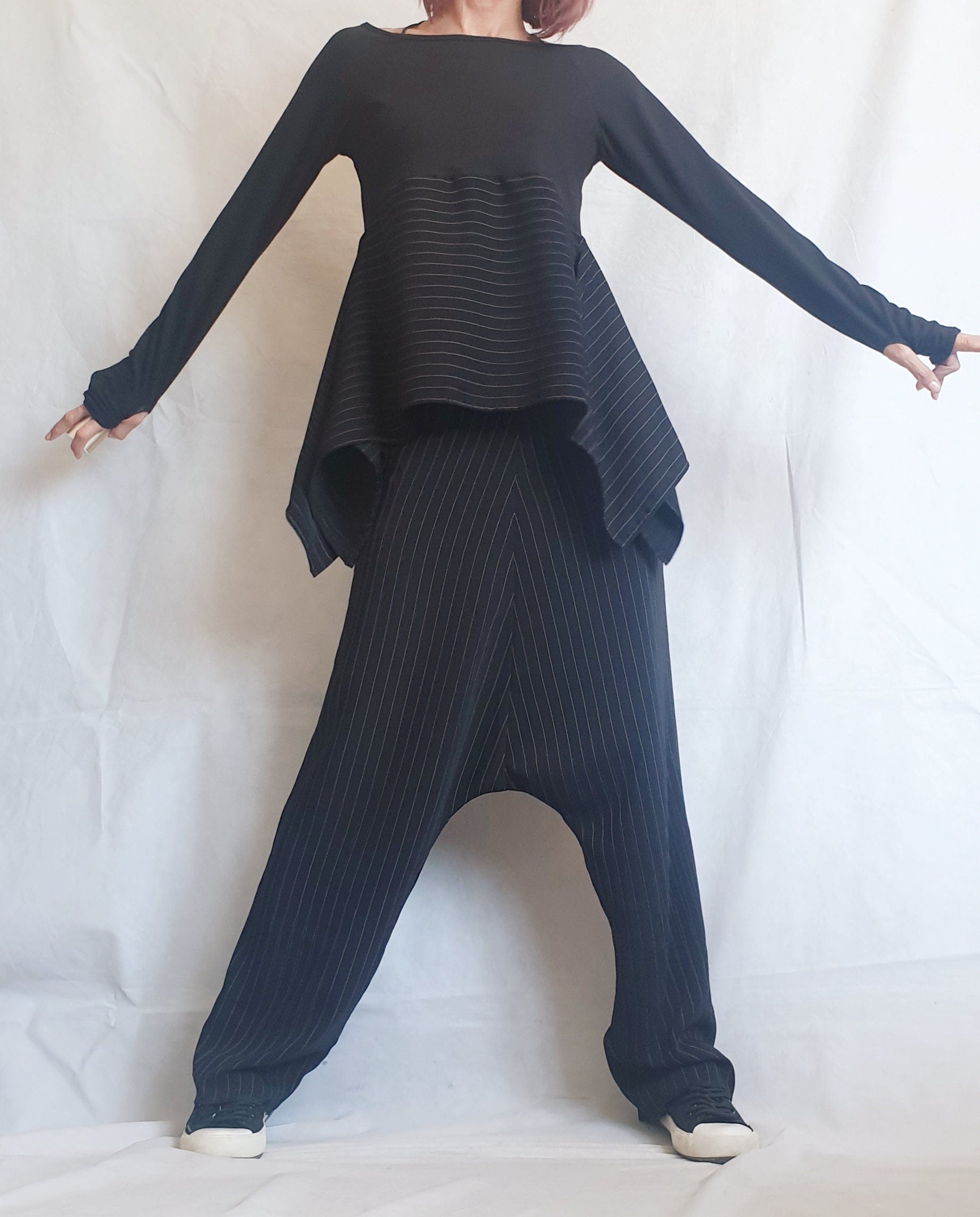 Extravagant Women Set, Blouse with Harem pant, Asymmetrical Blouse, Wide Leg Pants, Loose Modern Set, Black Strips Set, Blouse Pants Suit