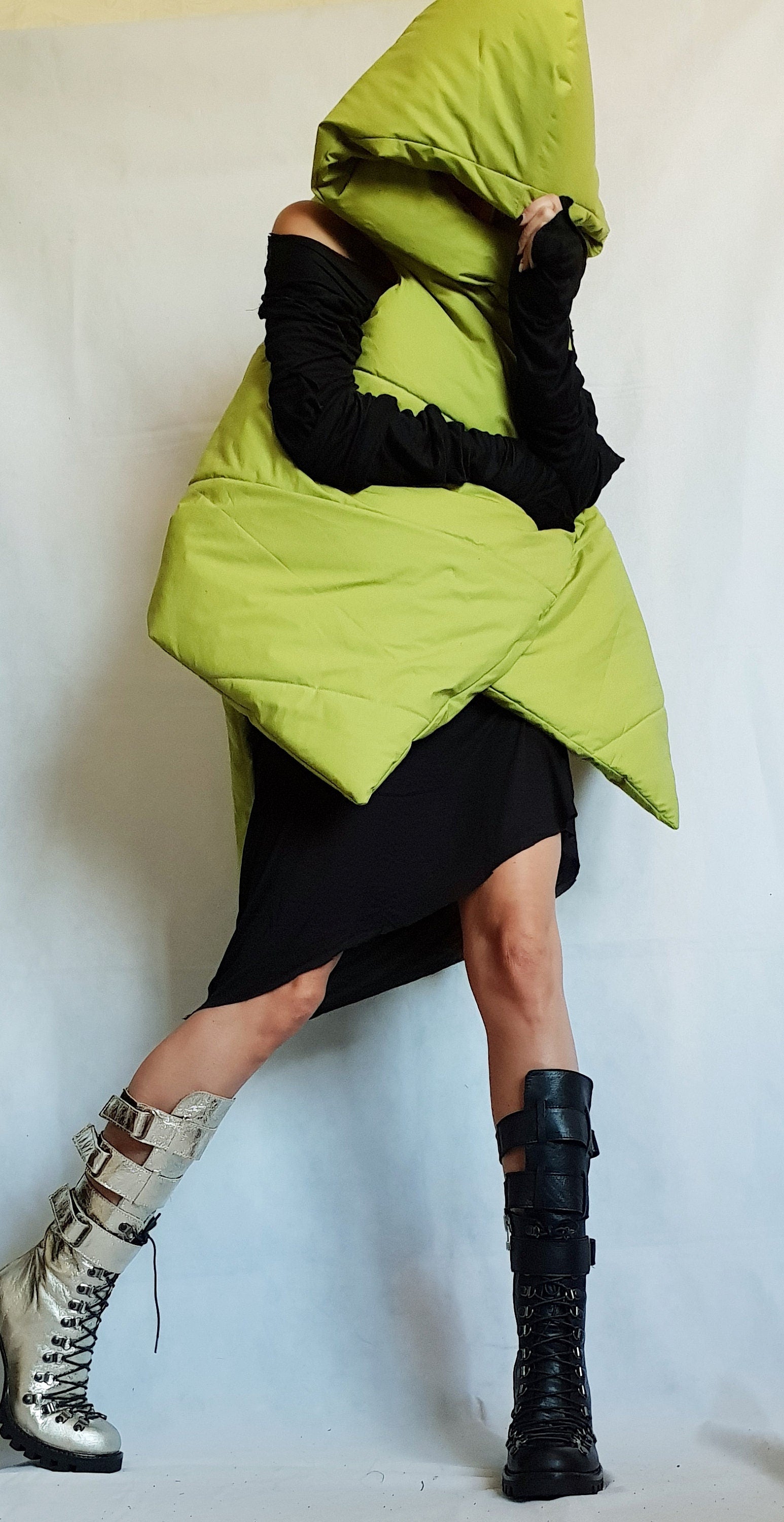 Green Jacket, Winter Jacket, Hooded Jacket, Plus Size Clothing, Sleeveless Jacket, Extravagant Jacket, Avant Garde Jacket, Vest Jacket