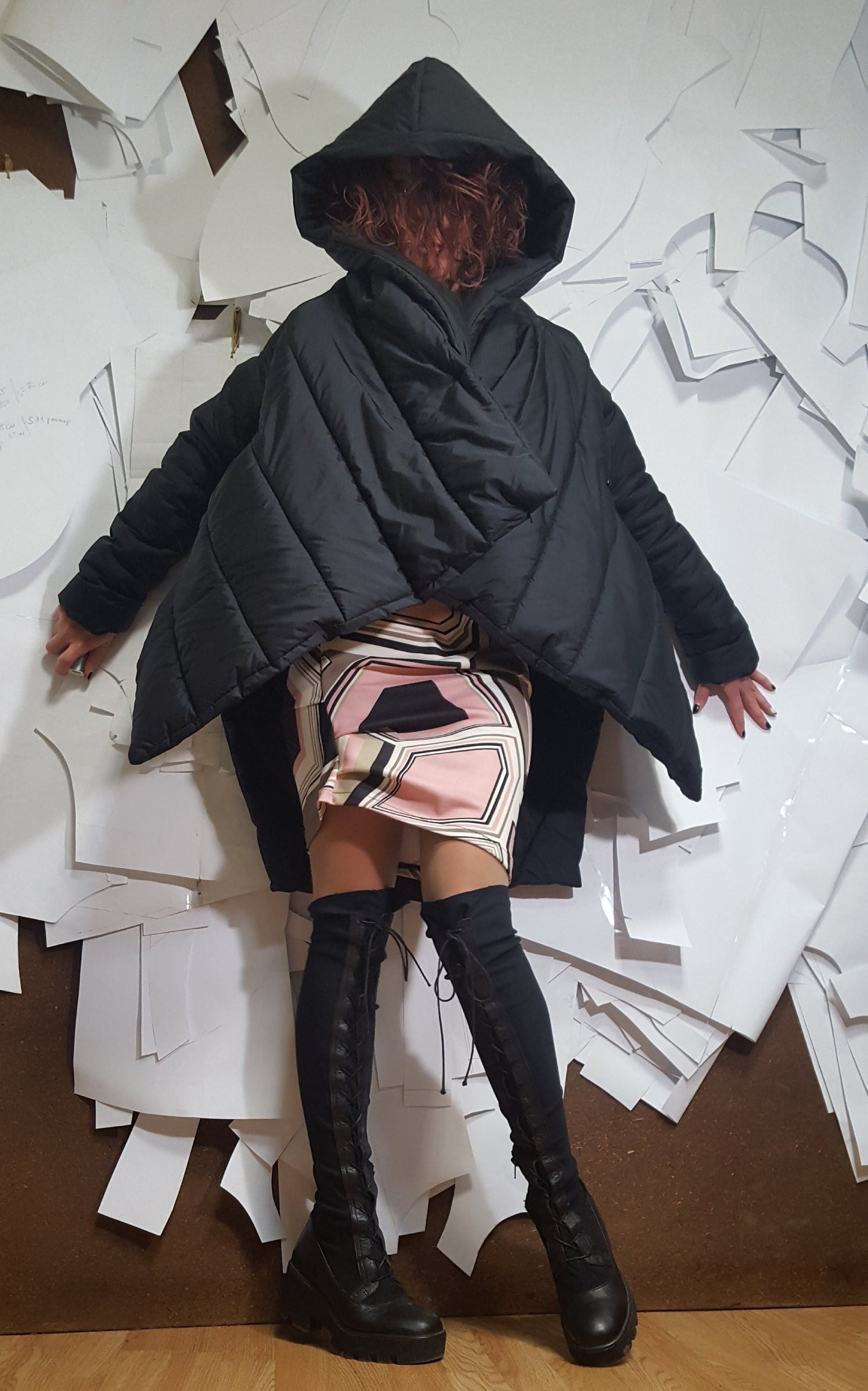 Winter Asymmetric Jacket, Avant Garde Clothing, Extravagant Black Jacket, Hooded Jacket, Puffer Jacket, Steampunk Jacket, Plus Size