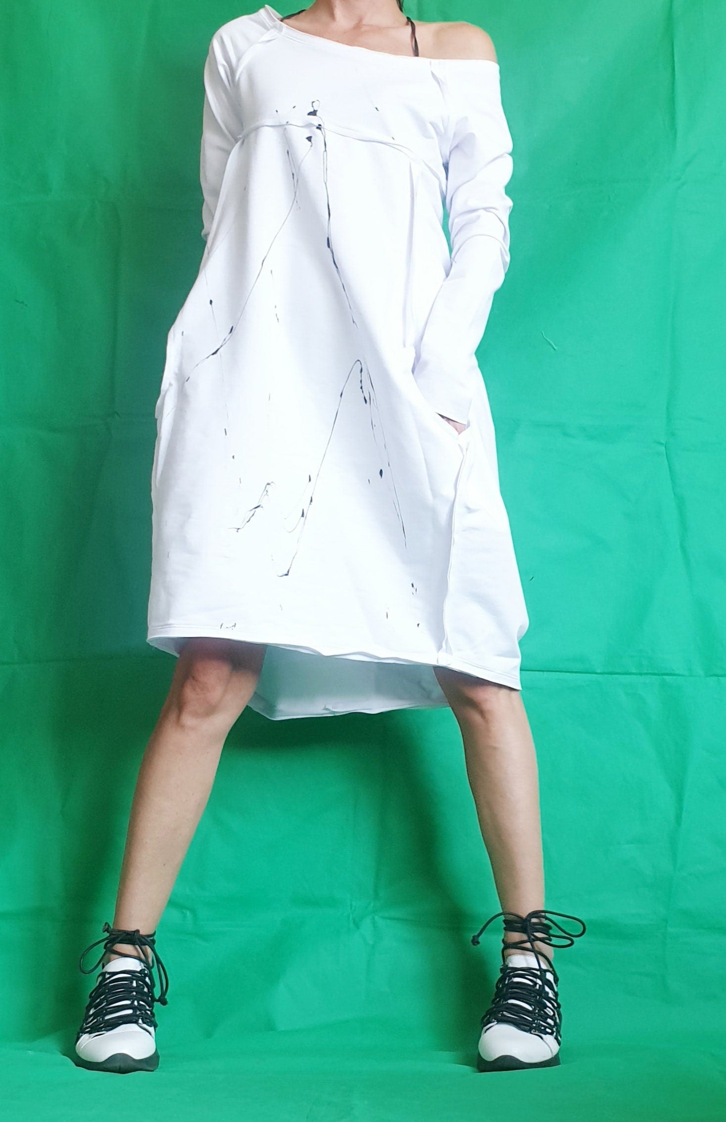 White Dress For Women, Asymmetric Dress, Plus Size Clothing, White Cotton Dress, One Shoulder Dress, Loose Fit Dress, Bubble Dress, Pockets