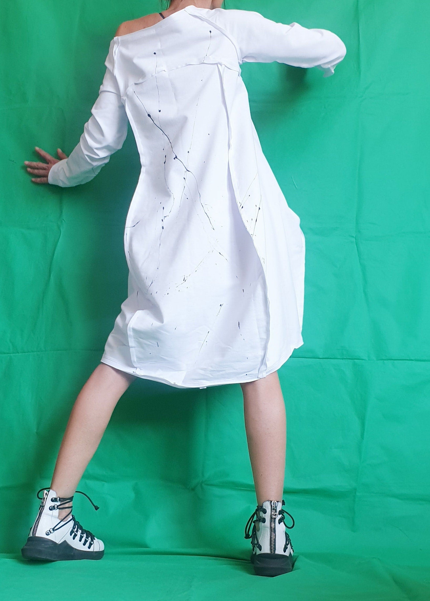 White Dress For Women, Asymmetric Dress, Plus Size Clothing, White Cotton Dress, One Shoulder Dress, Loose Fit Dress, Bubble Dress, Pockets