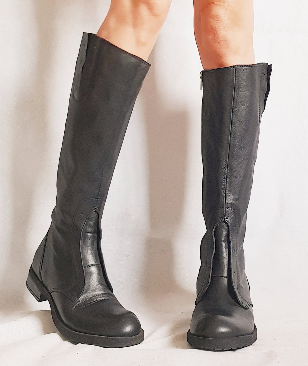 Black Flat Boots, Black Leather High Boots, Steampunk Boots, Women Leather Shoes, Gothic , Winter Boots, Long Boots, Black Shoes, Winter