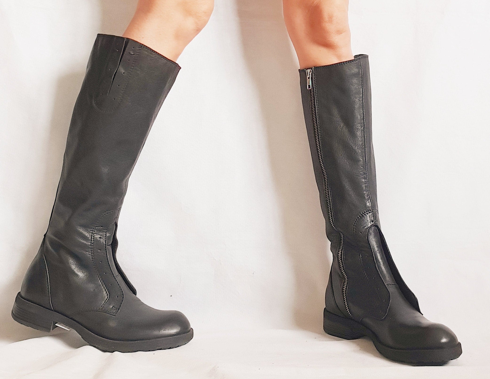 Black Flat Boots, Black Leather High Boots, Steampunk Boots, Women Leather Shoes, Gothic , Winter Boots, Long Boots, Black Shoes, Winter