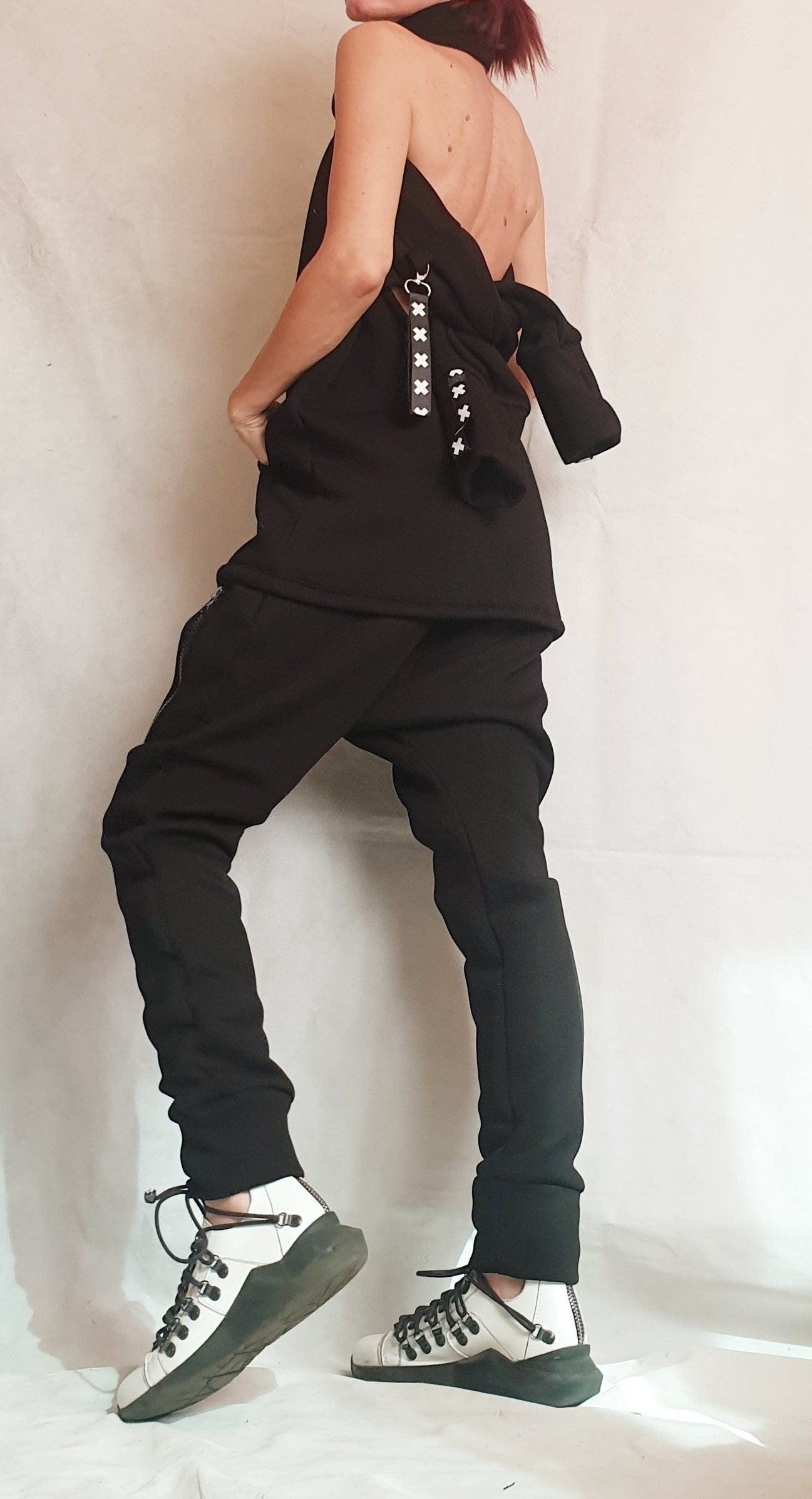 Extravagant Women Tracksuit, Black Cotton Set, Sexy Open Blouse, Women Harem Pants, Two Piece Set, Women Urban Outfit, Hip Hop Black Set