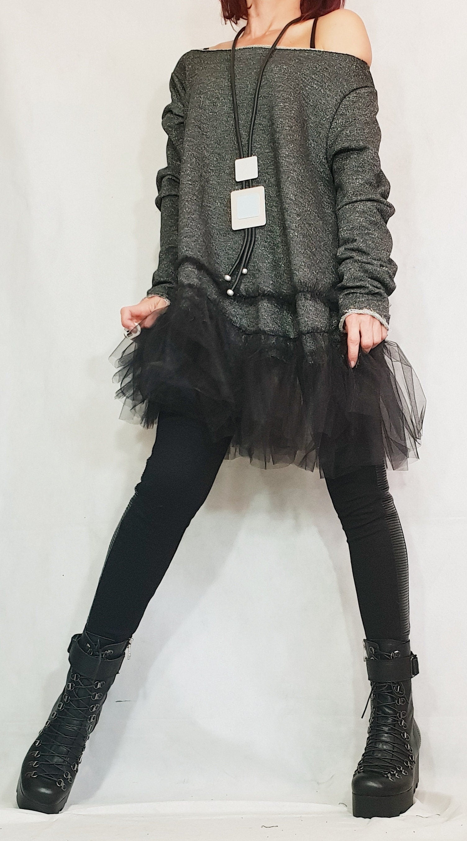 Avant Garde Tunic Dress, Deconstructed Top, Loose Tunic, Steampunk Tunic, Oversize Tunic Dress, Tulle Top, Off Shoulder Tunic, Long Sleeve