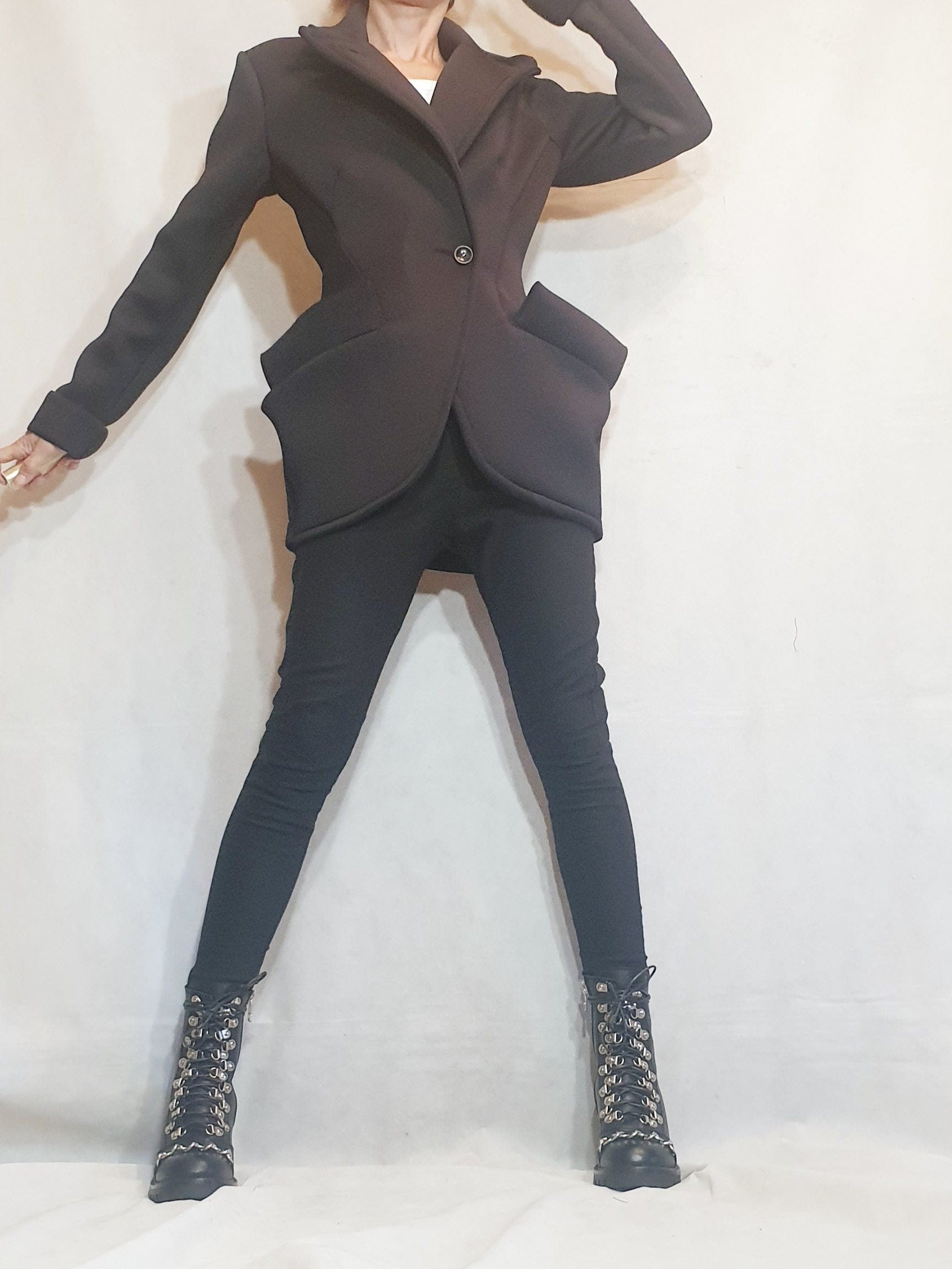 Neoprene Coat, Blazer Coat, Black Coat, Winter Coat, Plus Size Clothing, Warm Coat, Asymmetric Coat, Long Sleeve Coat, Button Down Coat