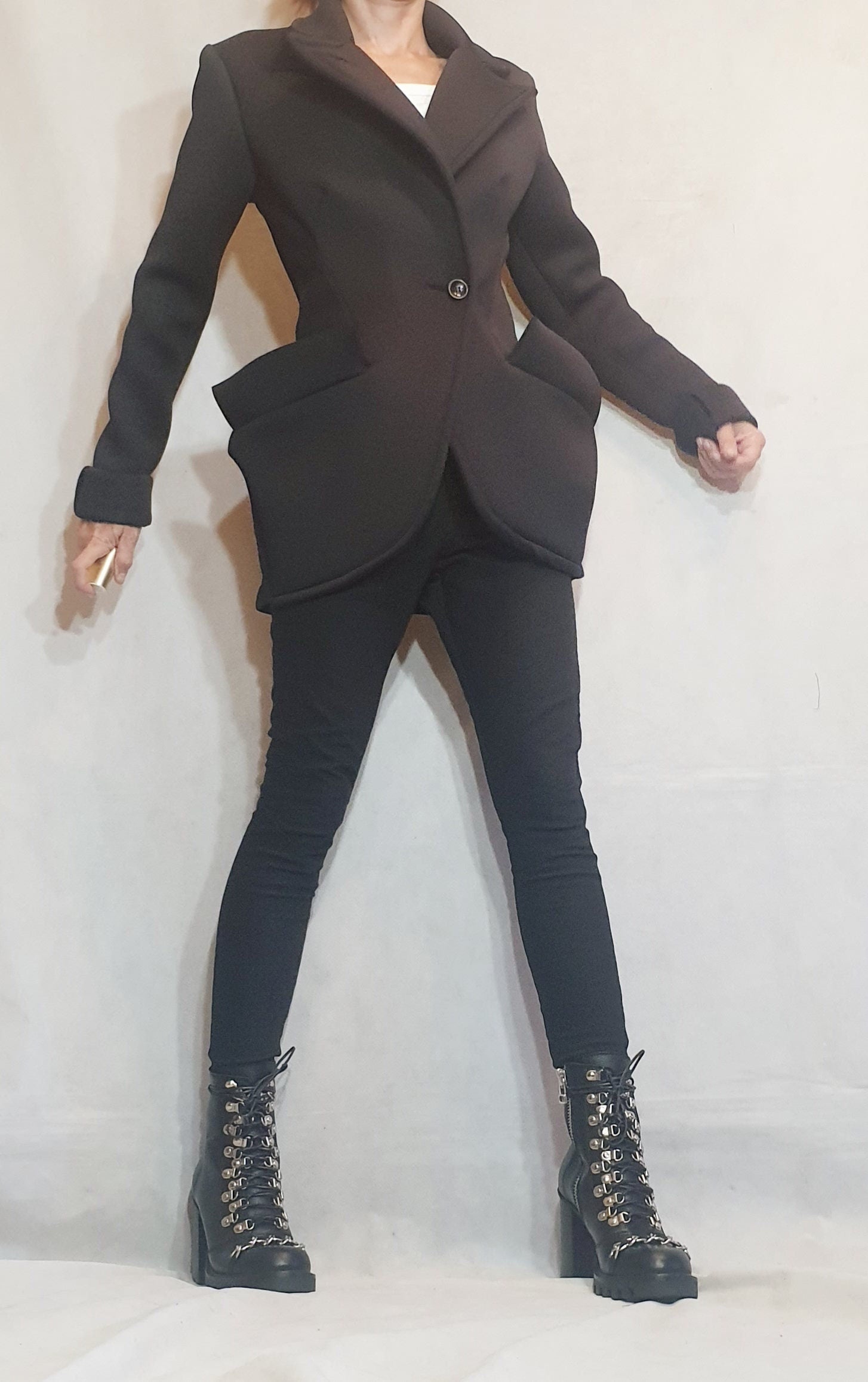 Neoprene Coat, Blazer Coat, Black Coat, Winter Coat, Plus Size Clothing, Warm Coat, Asymmetric Coat, Long Sleeve Coat, Button Down Coat