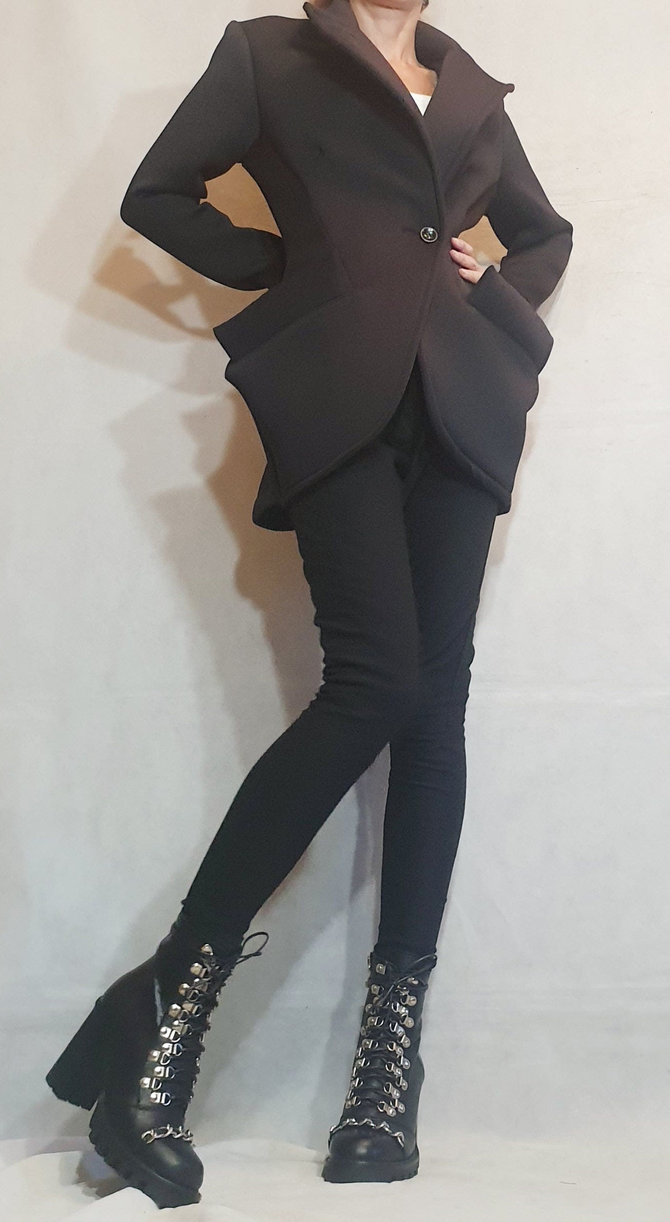 Neoprene Coat, Blazer Coat, Black Coat, Winter Coat, Plus Size Clothing, Warm Coat, Asymmetric Coat, Long Sleeve Coat, Button Down Coat