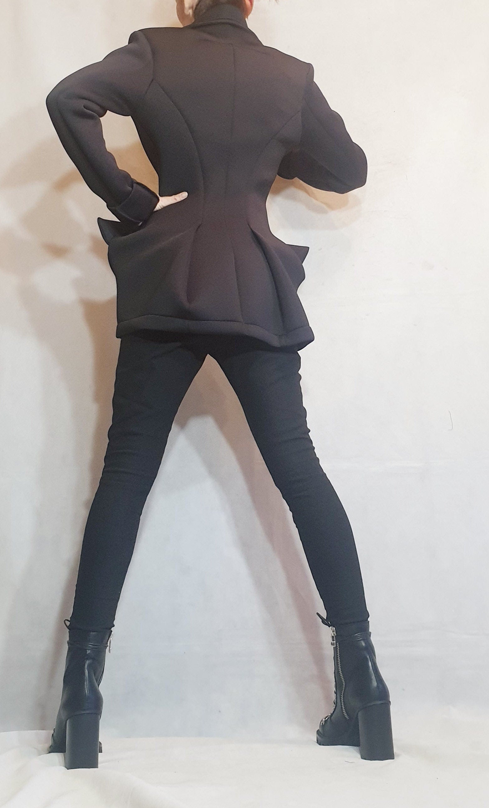 Neoprene Coat, Blazer Coat, Black Coat, Winter Coat, Plus Size Clothing, Warm Coat, Asymmetric Coat, Long Sleeve Coat, Button Down Coat