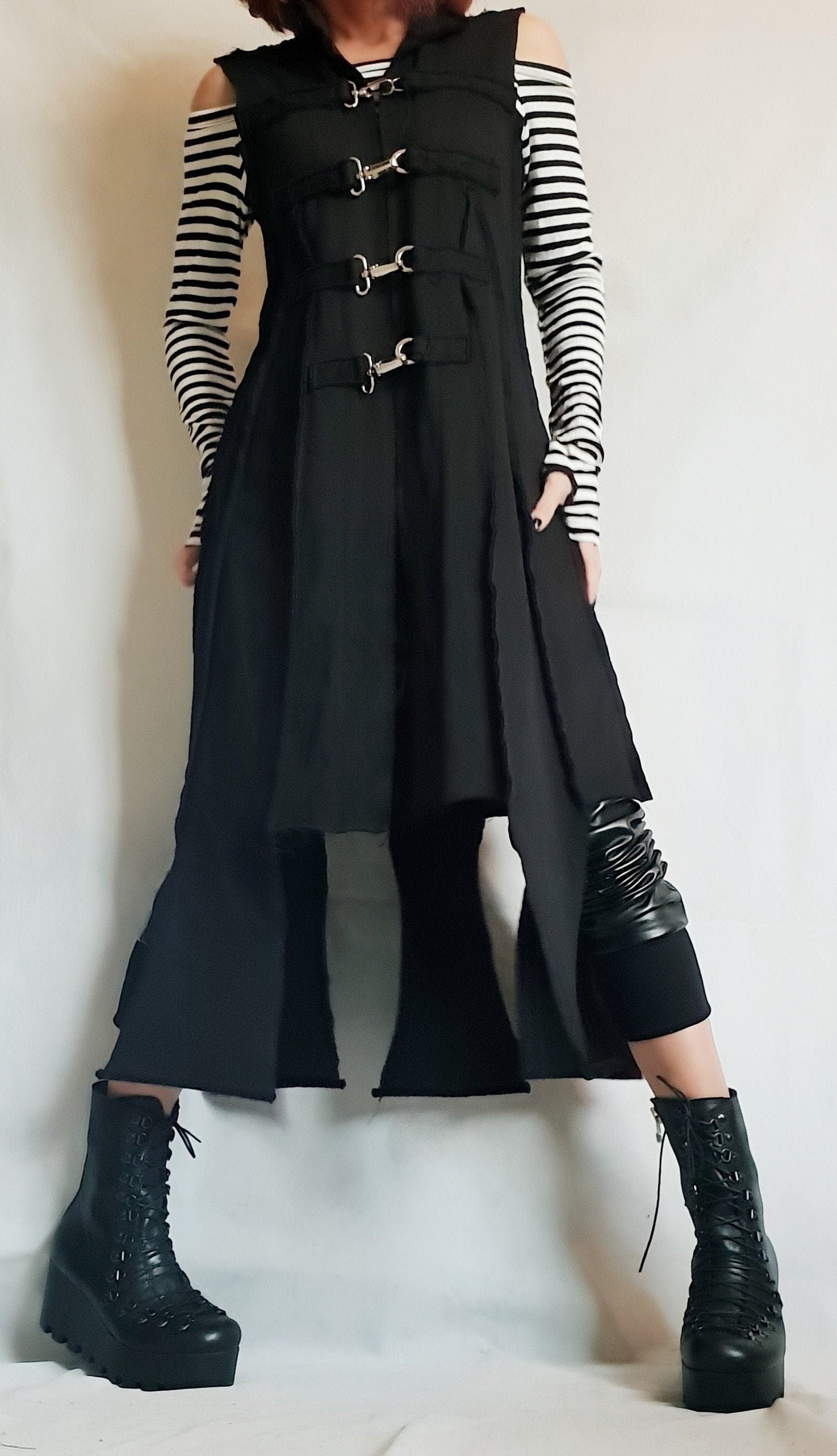 Avant-Garde Dusty Pink Long Vest – Asymmetrical Layered Coat with Metal Hooks | Handmade Statement Outerwear