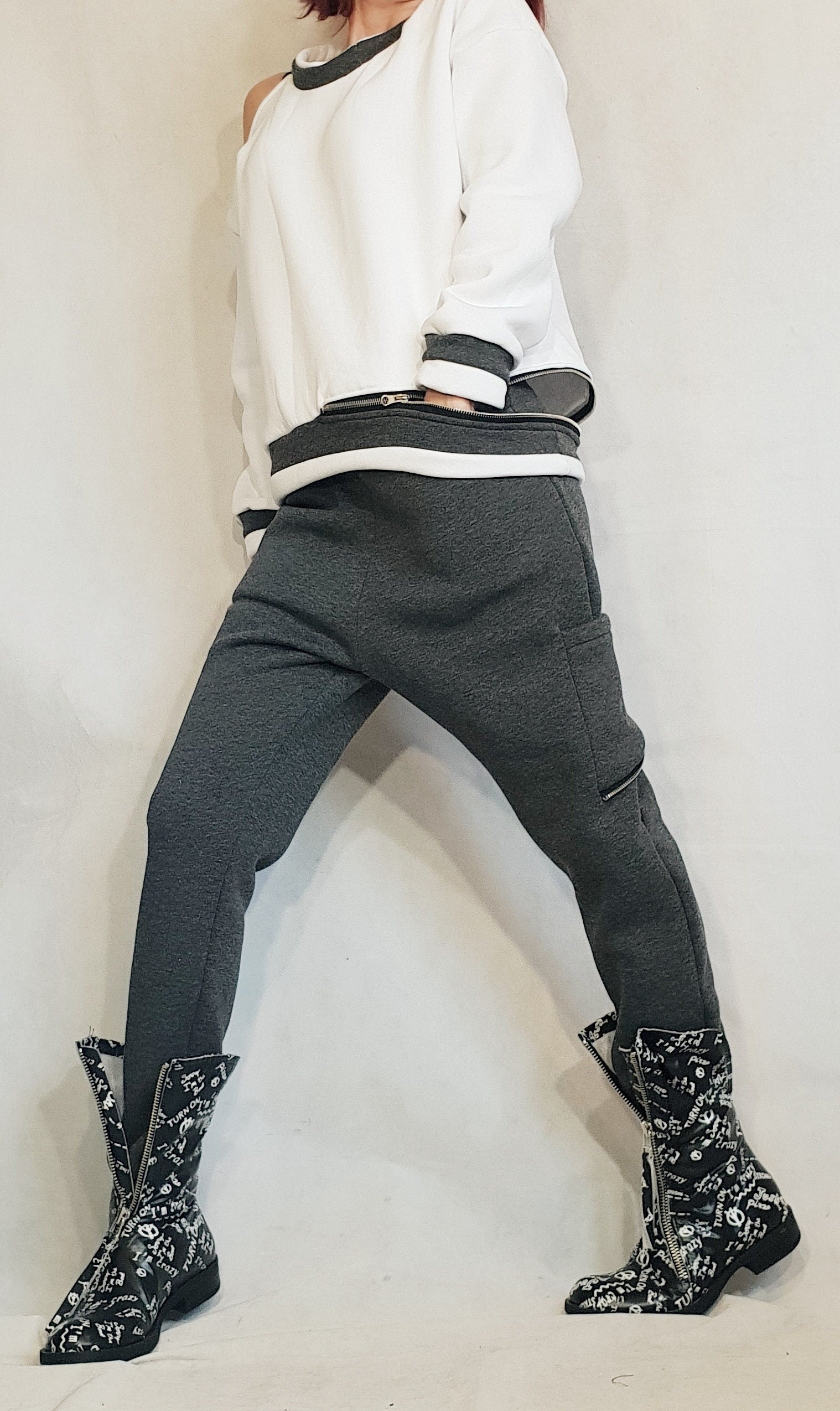 Women Cotton Outerwear Set, Women Street Outfit Set, Extravagant Women Sport Set, Harem Pants Set, Extravagant Top, Asymmetric Women Blouse