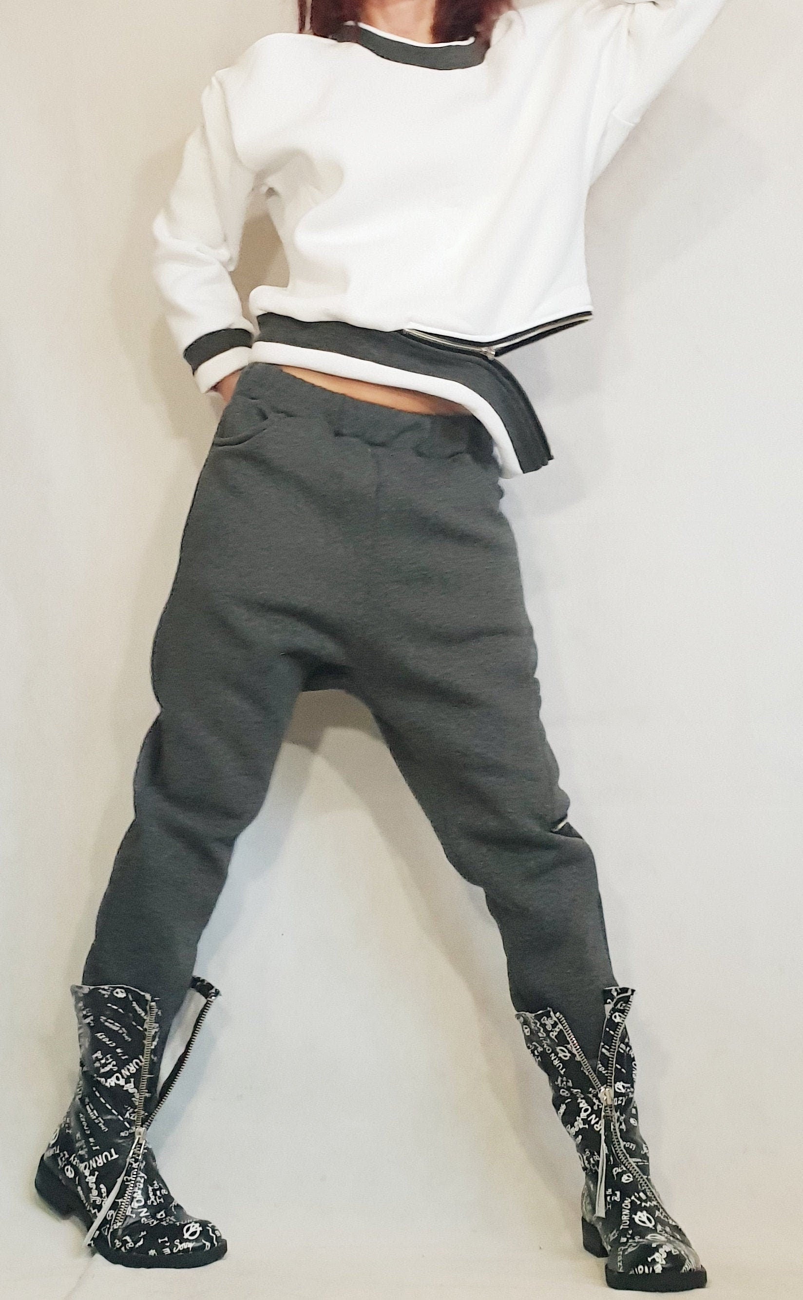 Women Cotton Outerwear Set, Women Street Outfit Set, Extravagant Women Sport Set, Harem Pants Set, Extravagant Top, Asymmetric Women Blouse