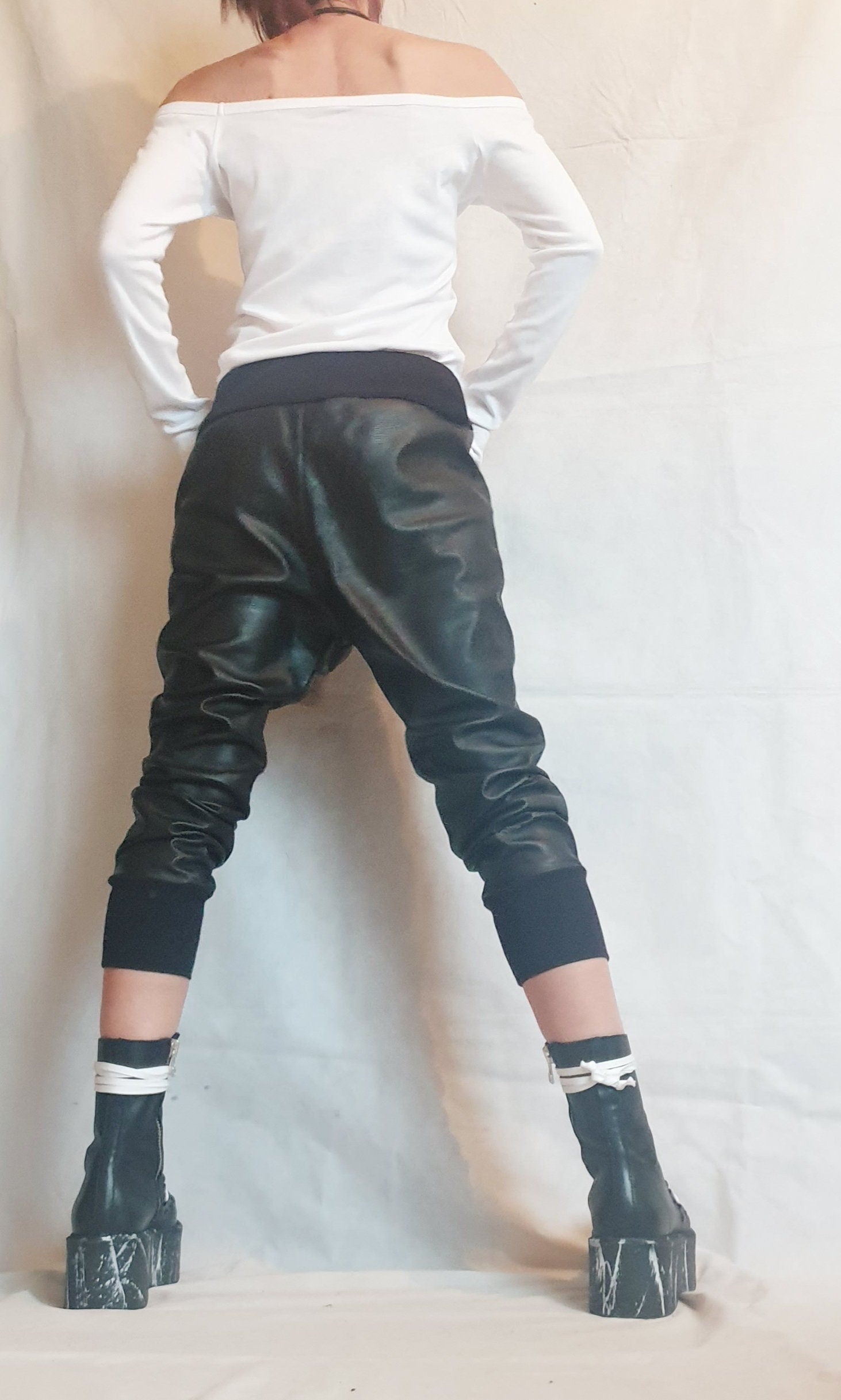 Harem Women Trousers, Еco leather Pants, Black Loose Pants, Gothic Pants, Extravagant Women Pants, Drop Crotch Pants
