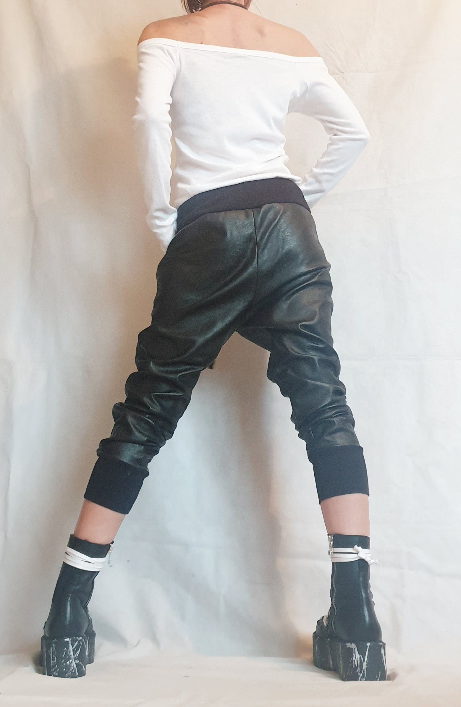 Harem Women Trousers, Еco leather Pants, Black Loose Pants, Gothic Pants, Extravagant Women Pants, Drop Crotch Pants