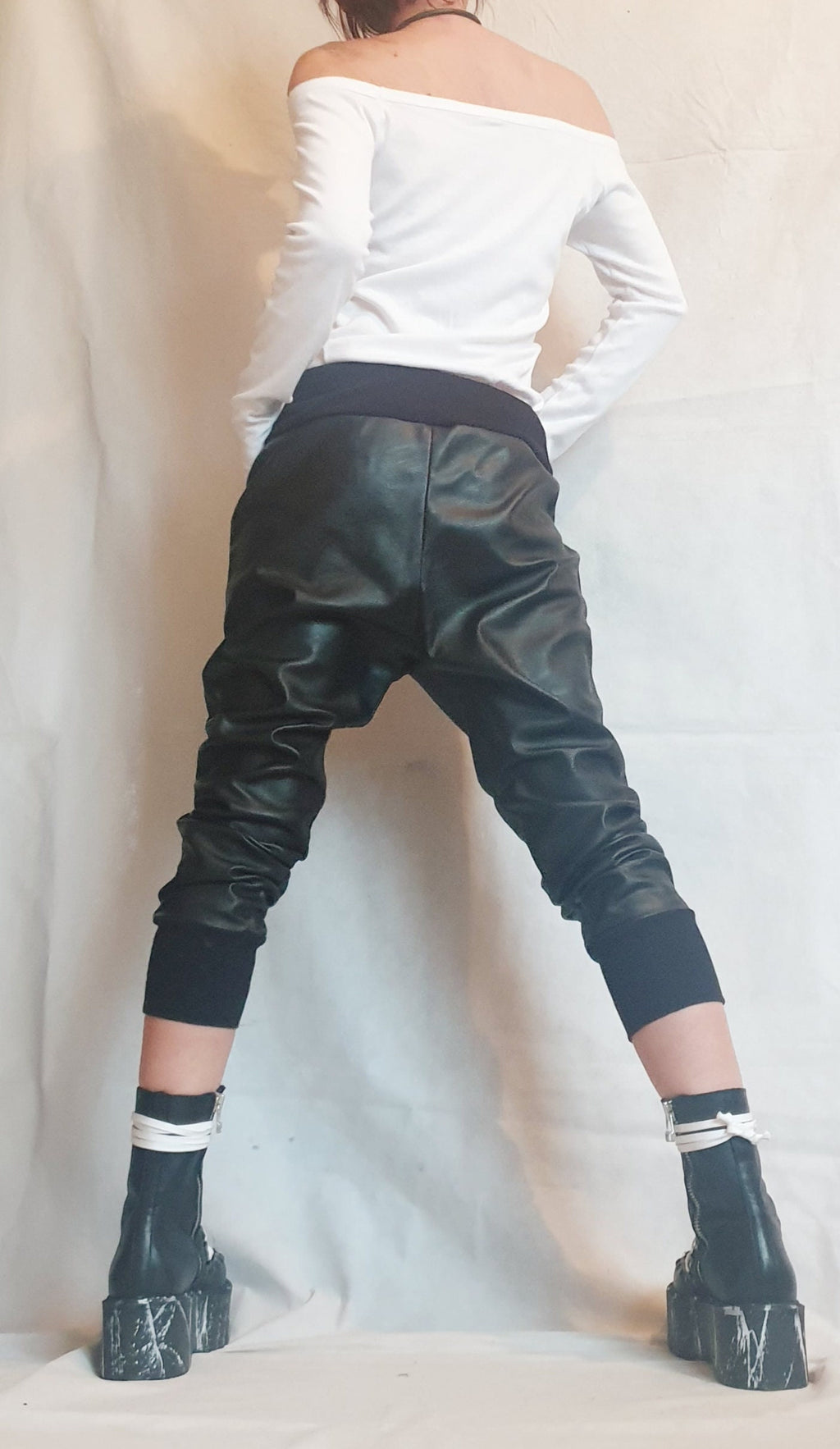 Harem Women Trousers, Еco leather Pants, Black Loose Pants, Gothic Pants, Extravagant Women Pants, Drop Crotch Pants