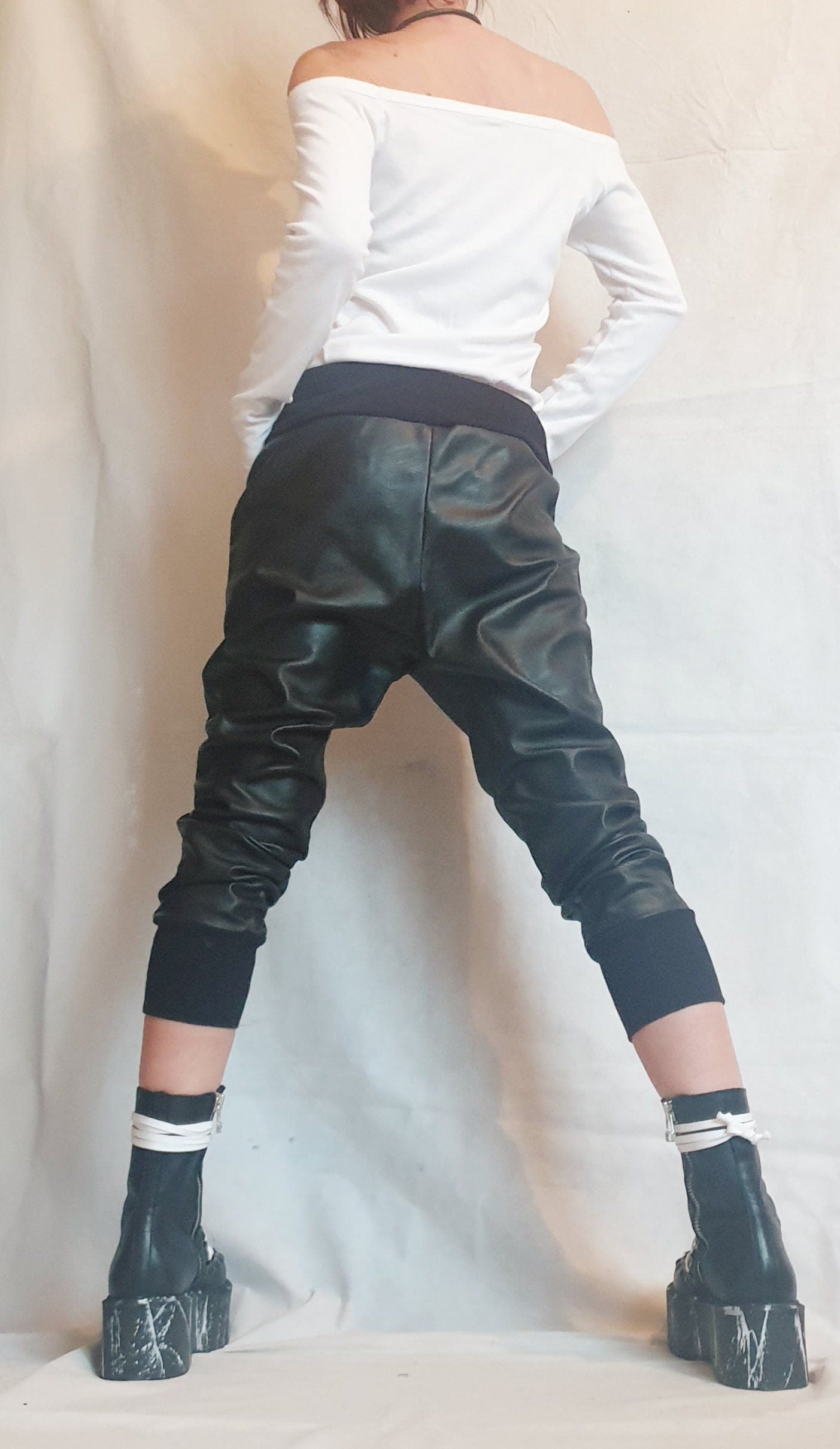 Harem Women Trousers, Еco leather Pants, Black Loose Pants, Gothic Pants, Extravagant Women Pants, Drop Crotch Pants