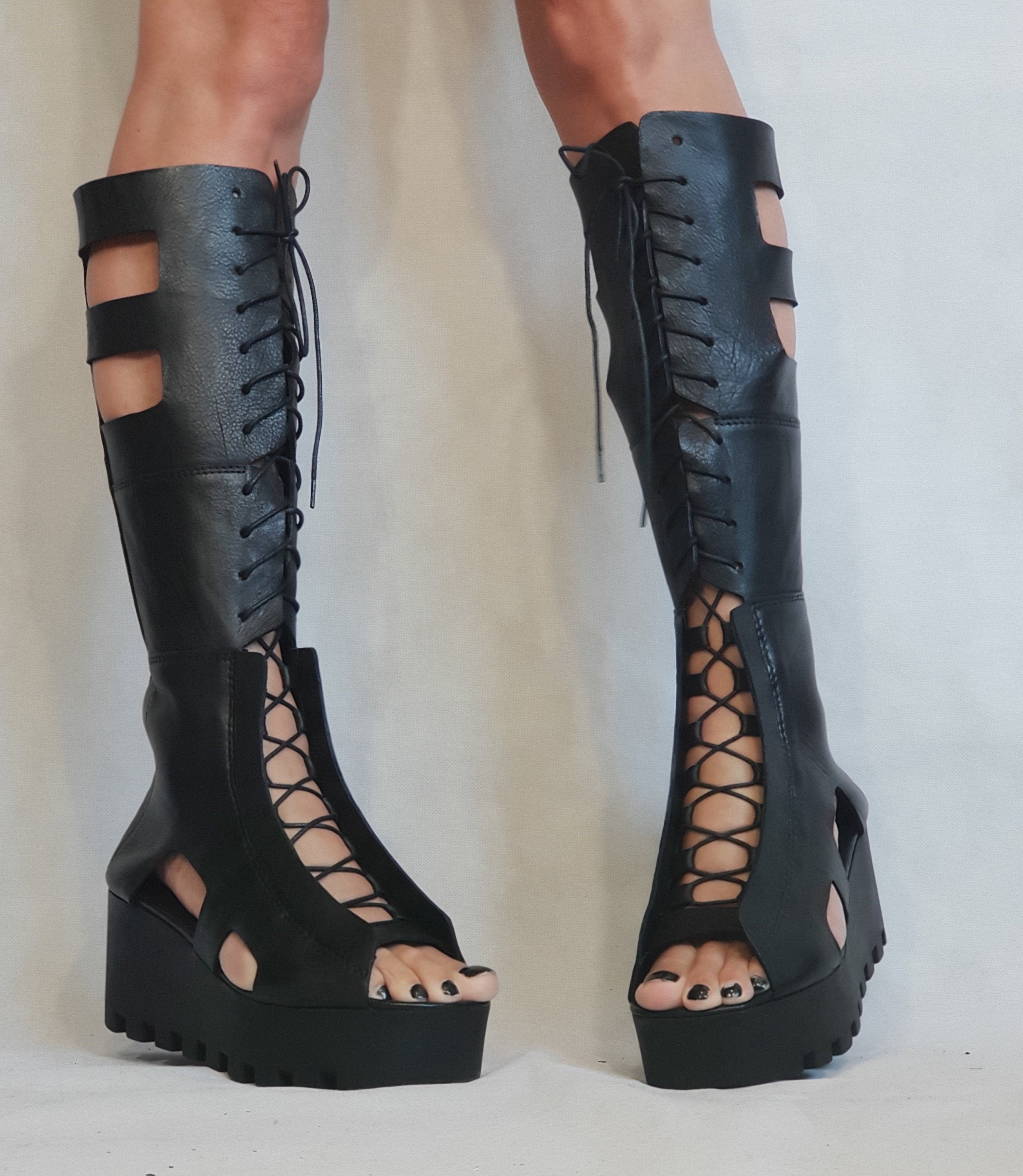 Silver Leather Gladiator Sandals, High Platform Sandals, Women Platform Boots, Gothic Shoes, Leather Wedges