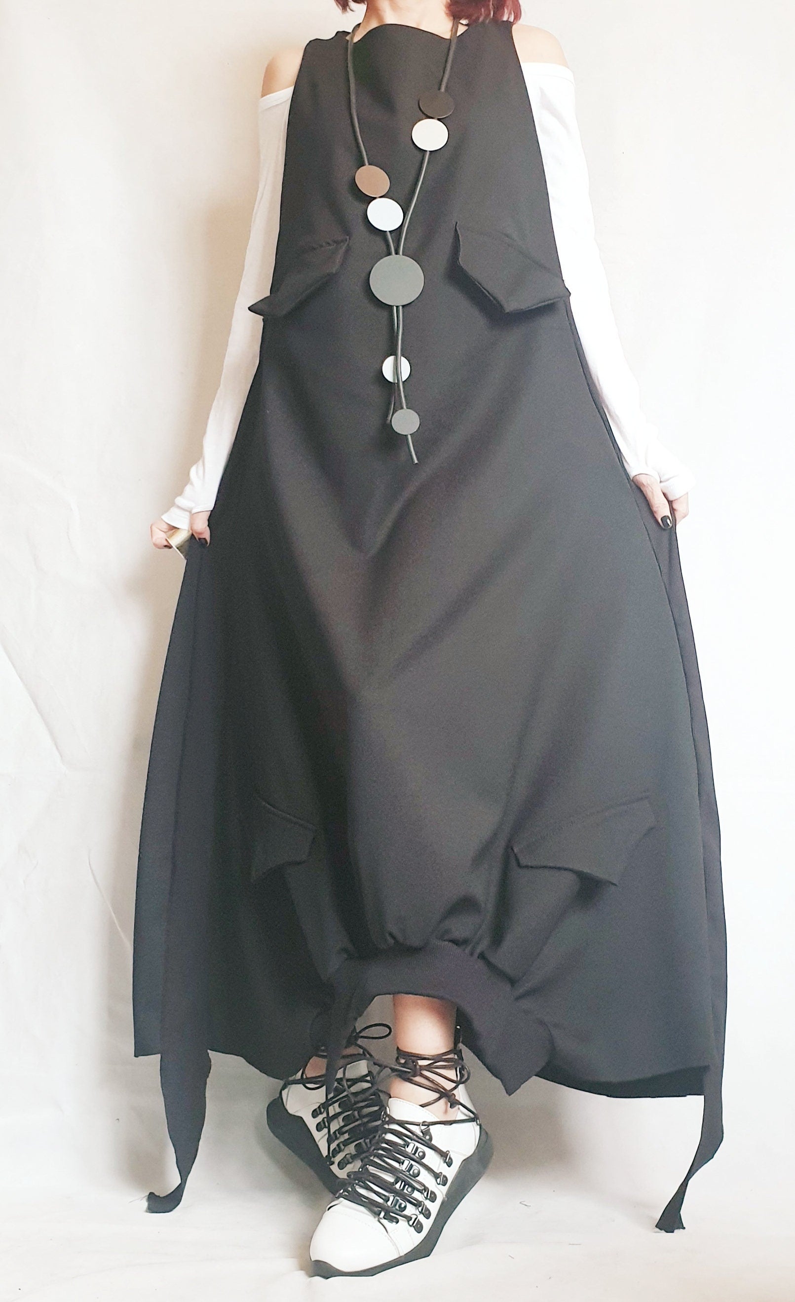 Long Loose Dress Pockets, Black Dress, Asymmetric Dress, Gothic Dress, Extravagant Dress, Deconstructed Dress, Sleeveless Dress
