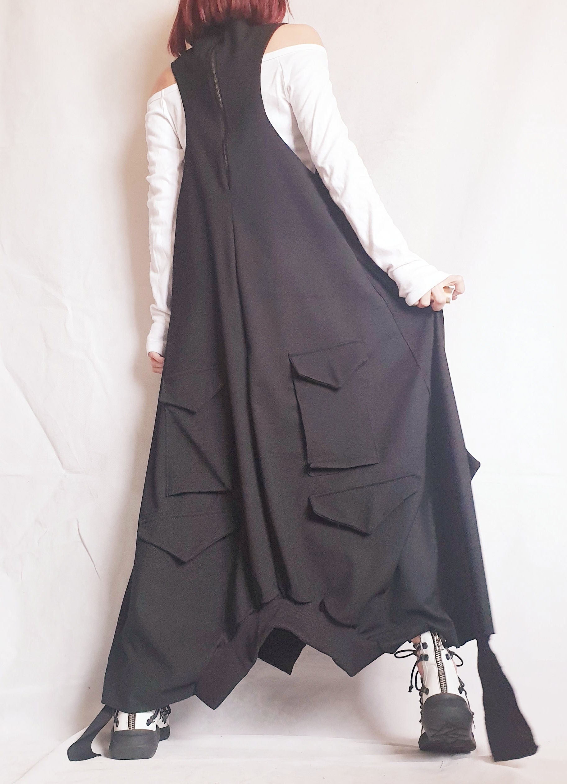 Long Loose Dress Pockets, Black Dress, Asymmetric Dress, Gothic Dress, Extravagant Dress, Deconstructed Dress, Sleeveless Dress