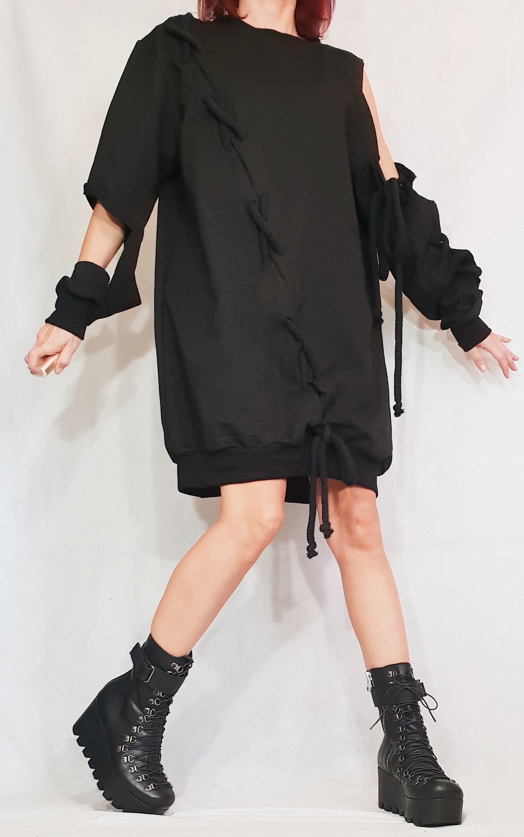 Extravagant Black Dress, Loose Tunic Dress, Plus Size Clothing, Blouson Dress, Asymmetric Dress, Long Sleeve Dress, Knee Length Dress