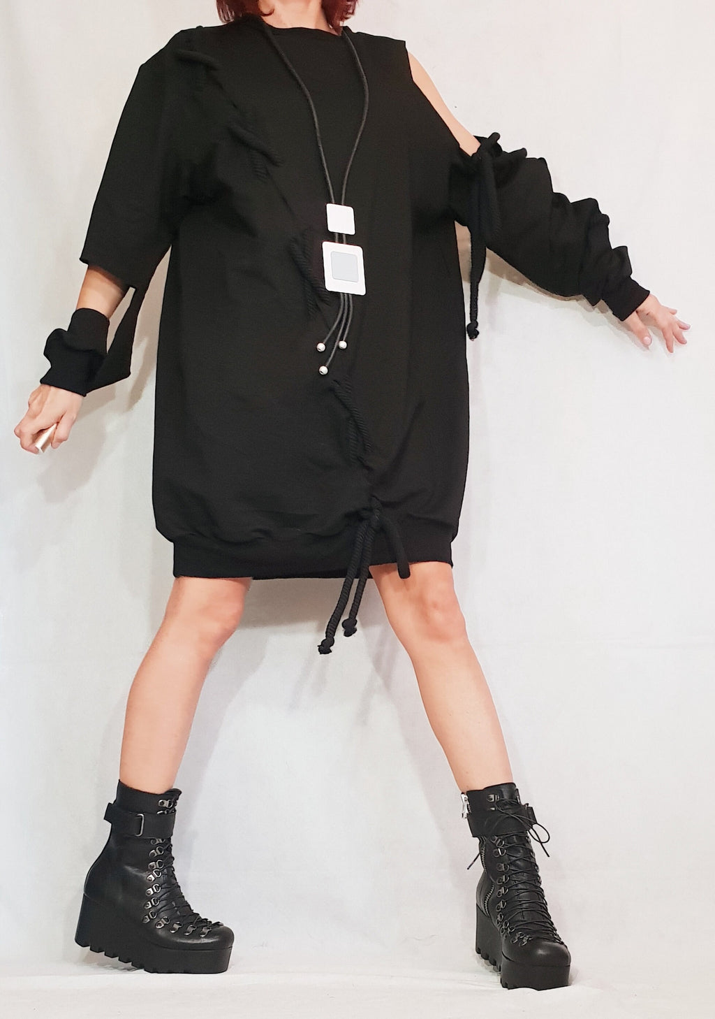 Extravagant Black Dress, Loose Tunic Dress, Plus Size Clothing, Blouson Dress, Asymmetric Dress, Long Sleeve Dress, Knee Length Dress