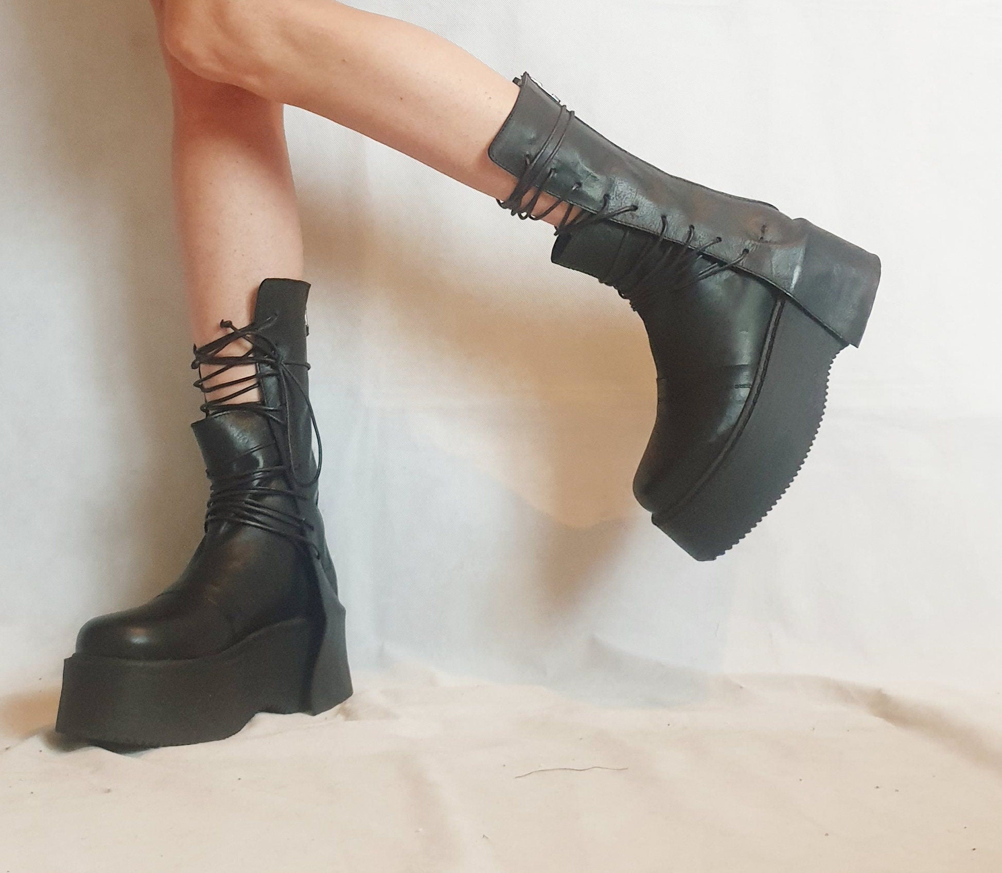 Extravagant Women Boots, Black Platform Shoes, Platform All seasons, Gothic Women Booties, Leather Ankle Boots, Platform Grunge Boots
