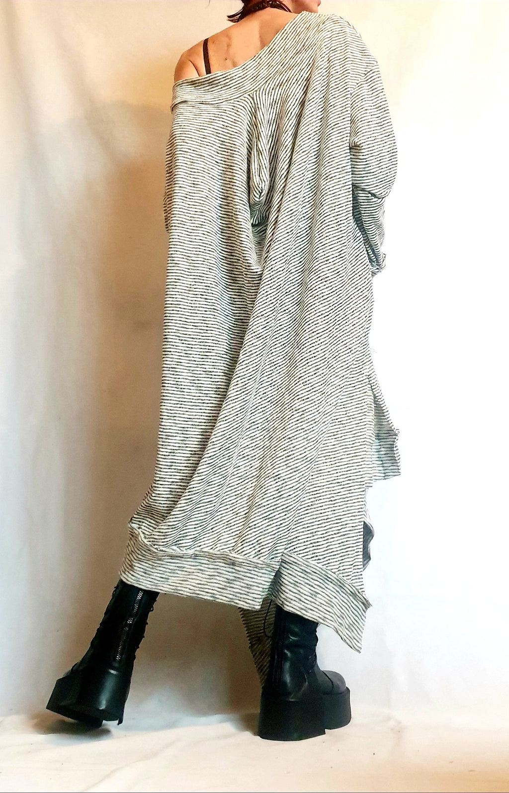 Stripe Extravagant Long Dress, Loose Maxi Dress Tunic, Plus Size Clothing, Oversize Dress, Sleeve Dress, One Shoulder Dress, Knitting Tunic