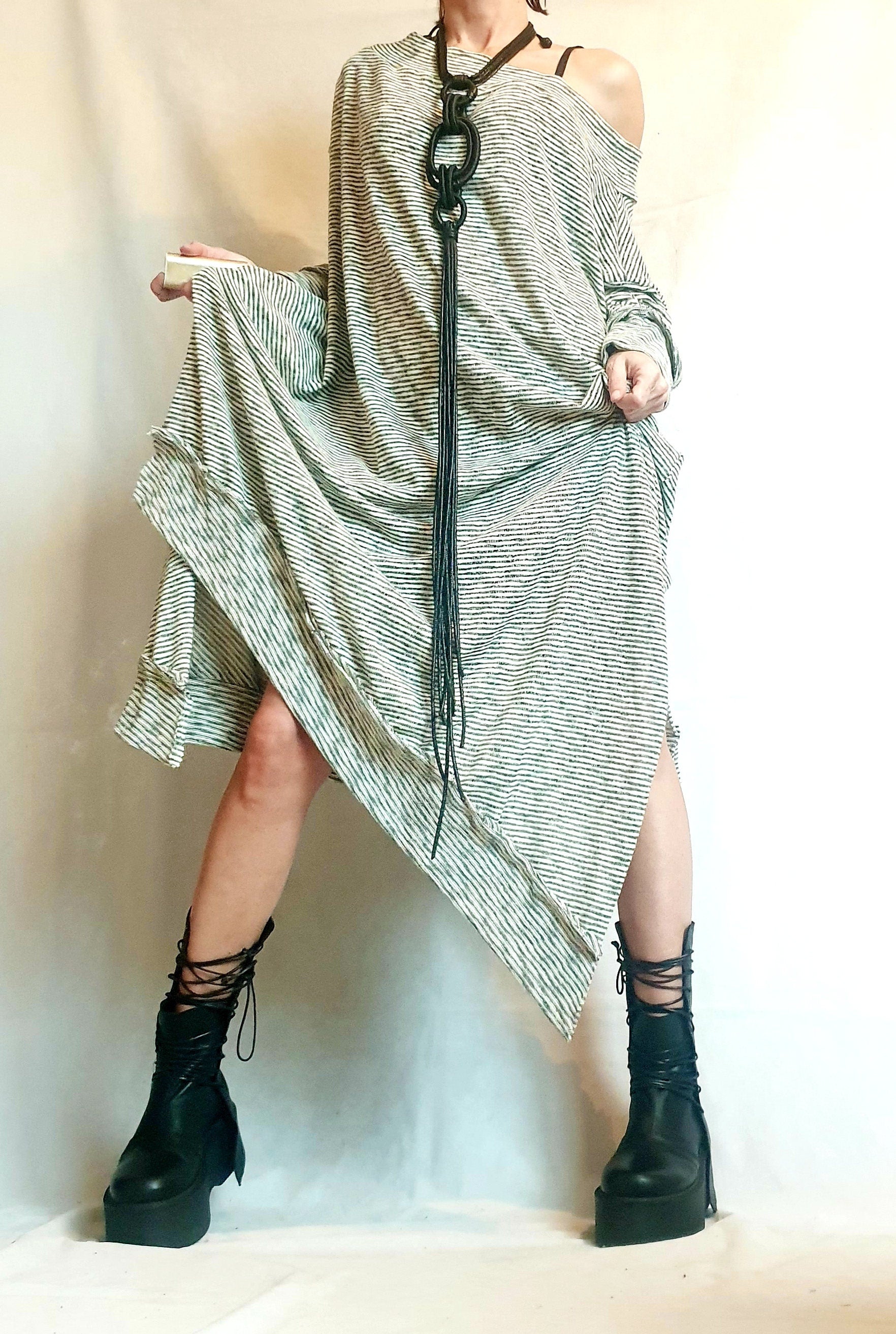 Stripe Extravagant Long Dress, Loose Maxi Dress Tunic, Plus Size Clothing, Oversize Dress, Sleeve Dress, One Shoulder Dress, Knitting Tunic