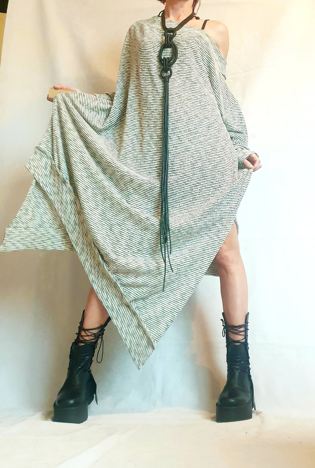 Stripe Extravagant Long Dress, Loose Maxi Dress Tunic, Plus Size Clothing, Oversize Dress, Sleeve Dress, One Shoulder Dress, Knitting Tunic