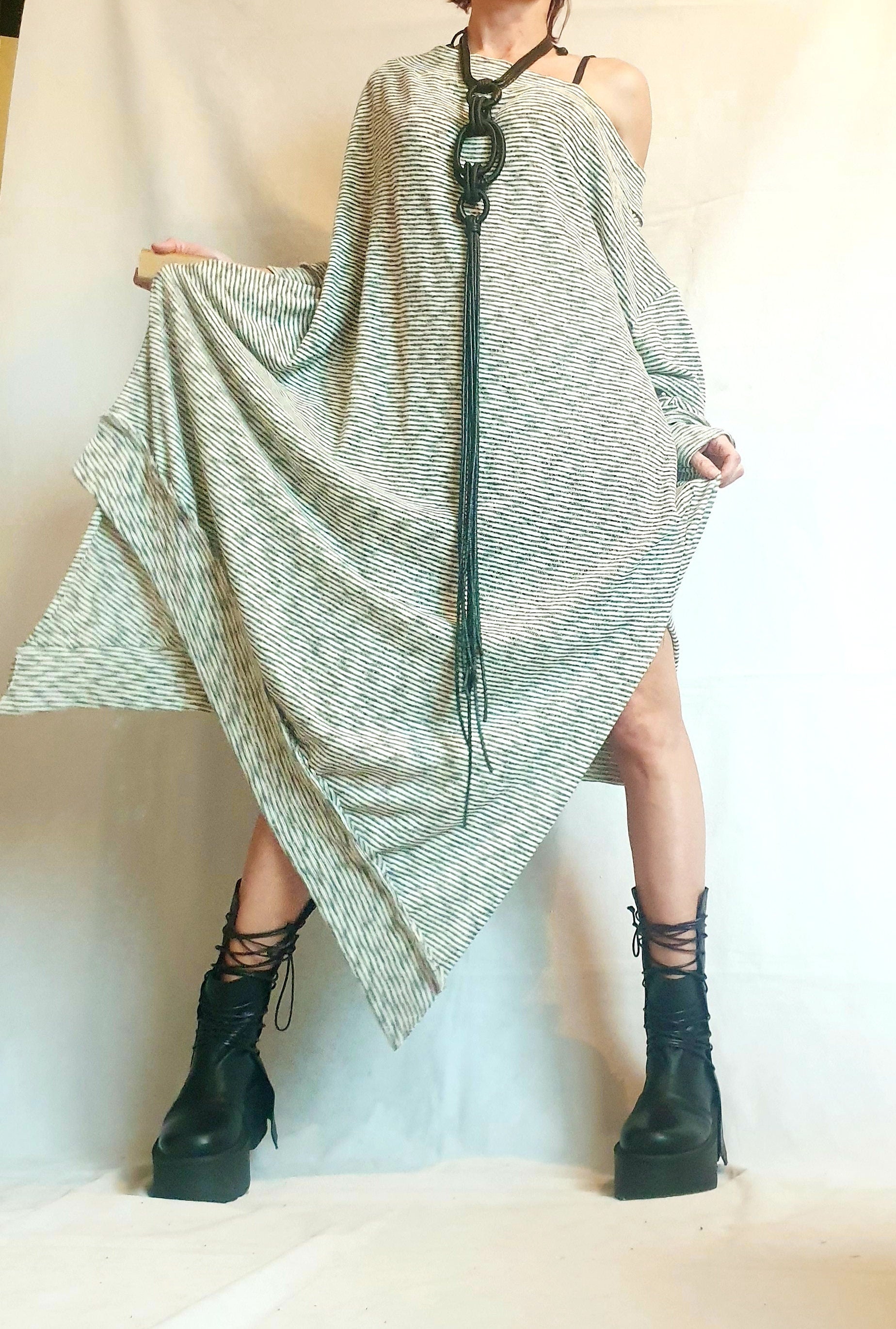 Stripe Extravagant Long Dress, Loose Maxi Dress Tunic, Plus Size Clothing, Oversize Dress, Sleeve Dress, One Shoulder Dress, Knitting Tunic