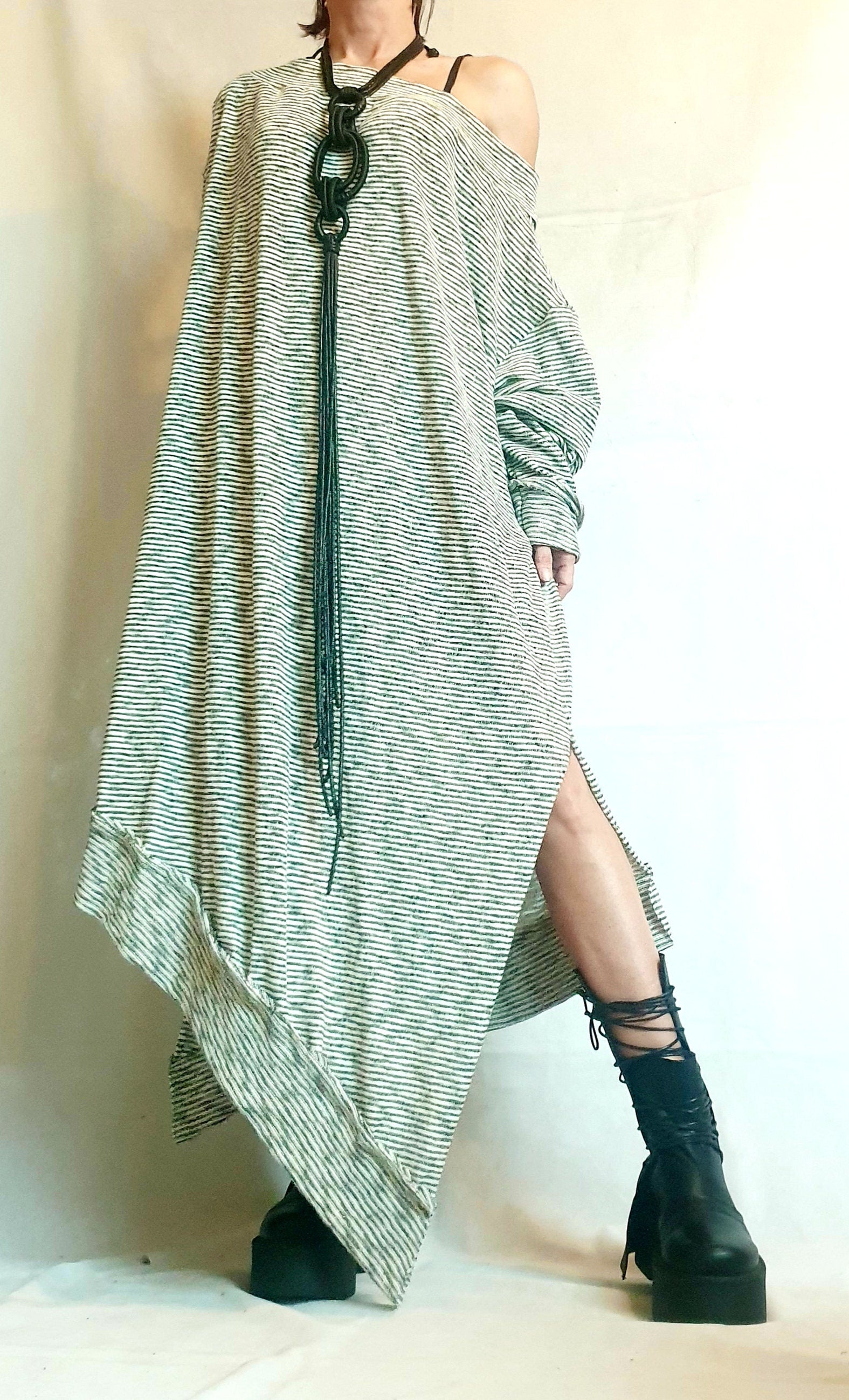 Stripe Extravagant Long Dress, Loose Maxi Dress Tunic, Plus Size Clothing, Oversize Dress, Sleeve Dress, One Shoulder Dress, Knitting Tunic