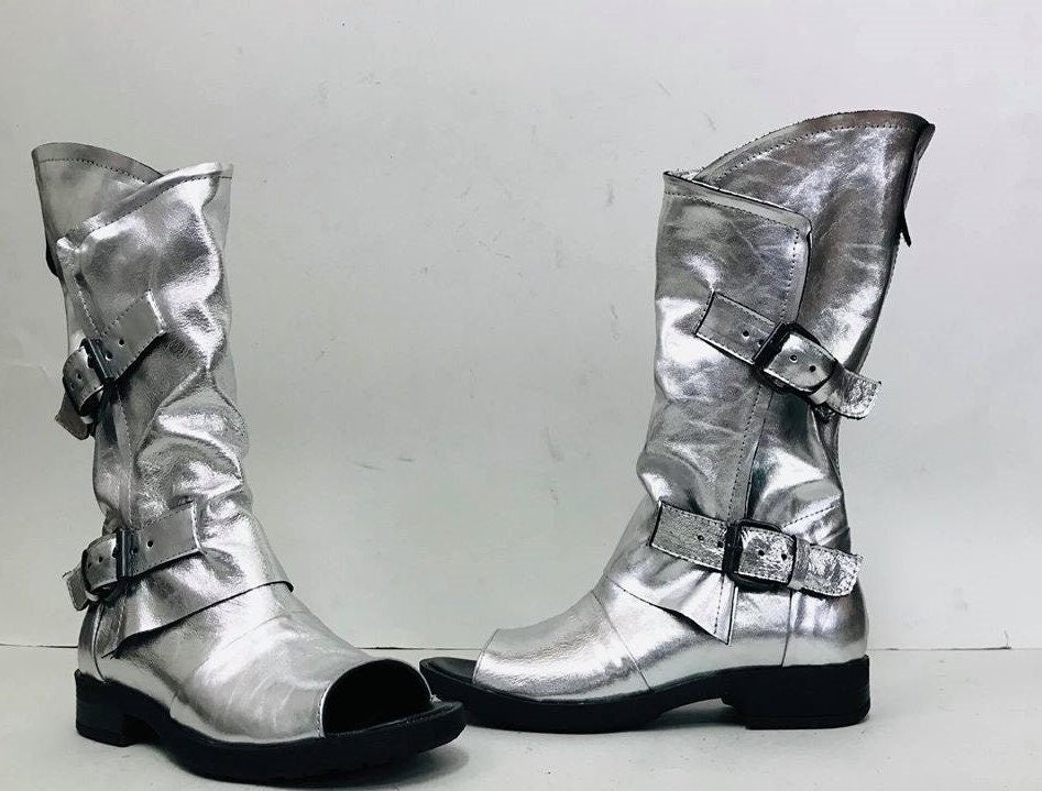 Silver Gladiator Sandals, Extravagant Shoes, High Sandals, Steampunk Shoes, Gothic Sandals, Silver Leather Sandals, Handmade Shoes