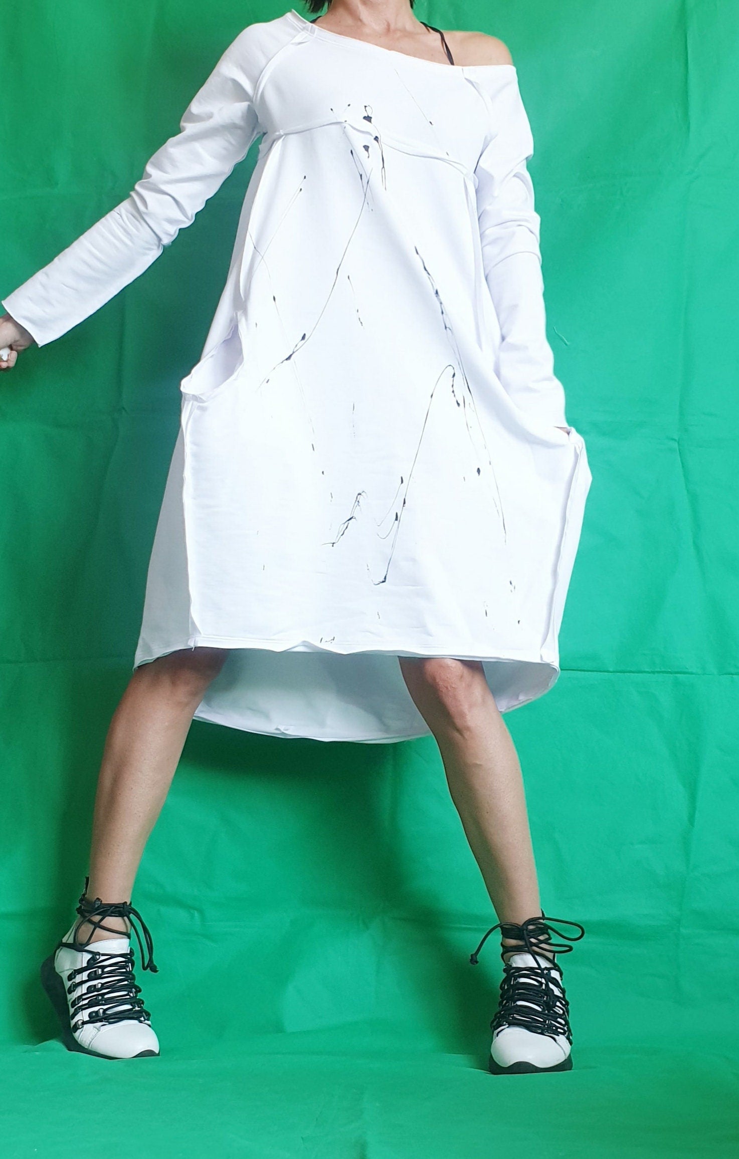 White Dress For Women, Asymmetric Dress, Plus Size Clothing, White Cotton Dress, One Shoulder Dress, Loose Fit Dress, Bubble Dress, Pockets