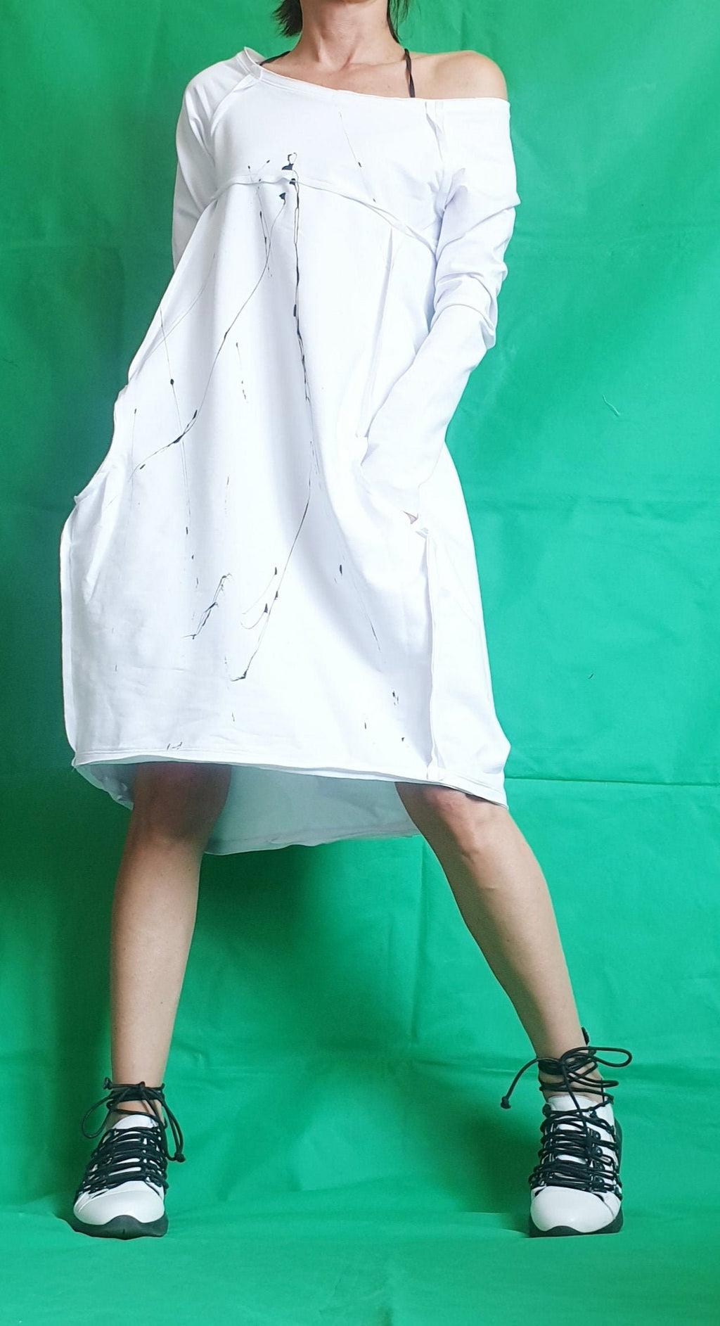 White Dress For Women, Asymmetric Dress, Plus Size Clothing, White Cotton Dress, One Shoulder Dress, Loose Fit Dress, Bubble Dress, Pockets