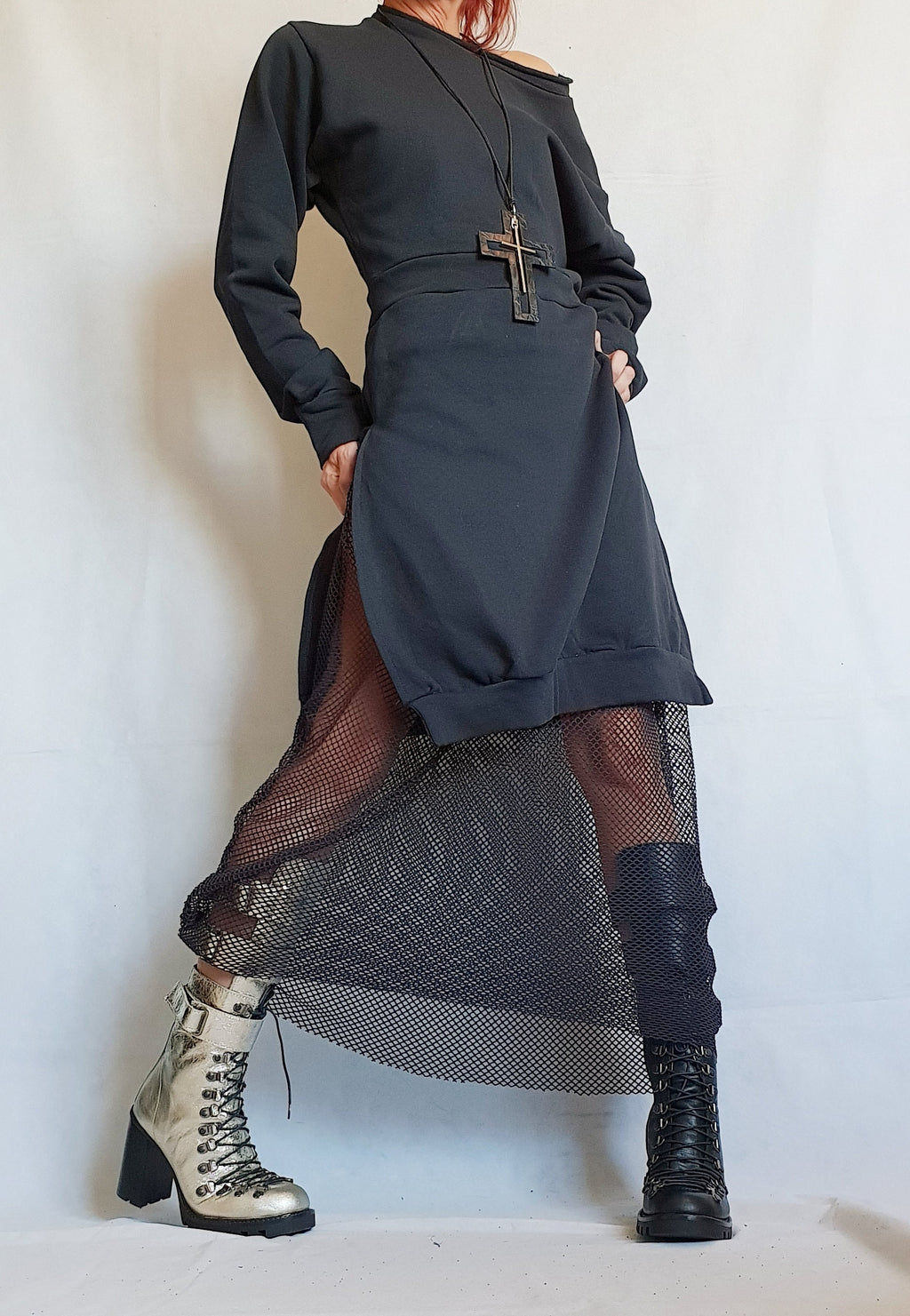Extravagant Long Dress, Gothic Dress, Black Long Cotton Dress, Asymmetric Dress, Boho Clothing, Sleeve Dress, Steampunk Dress