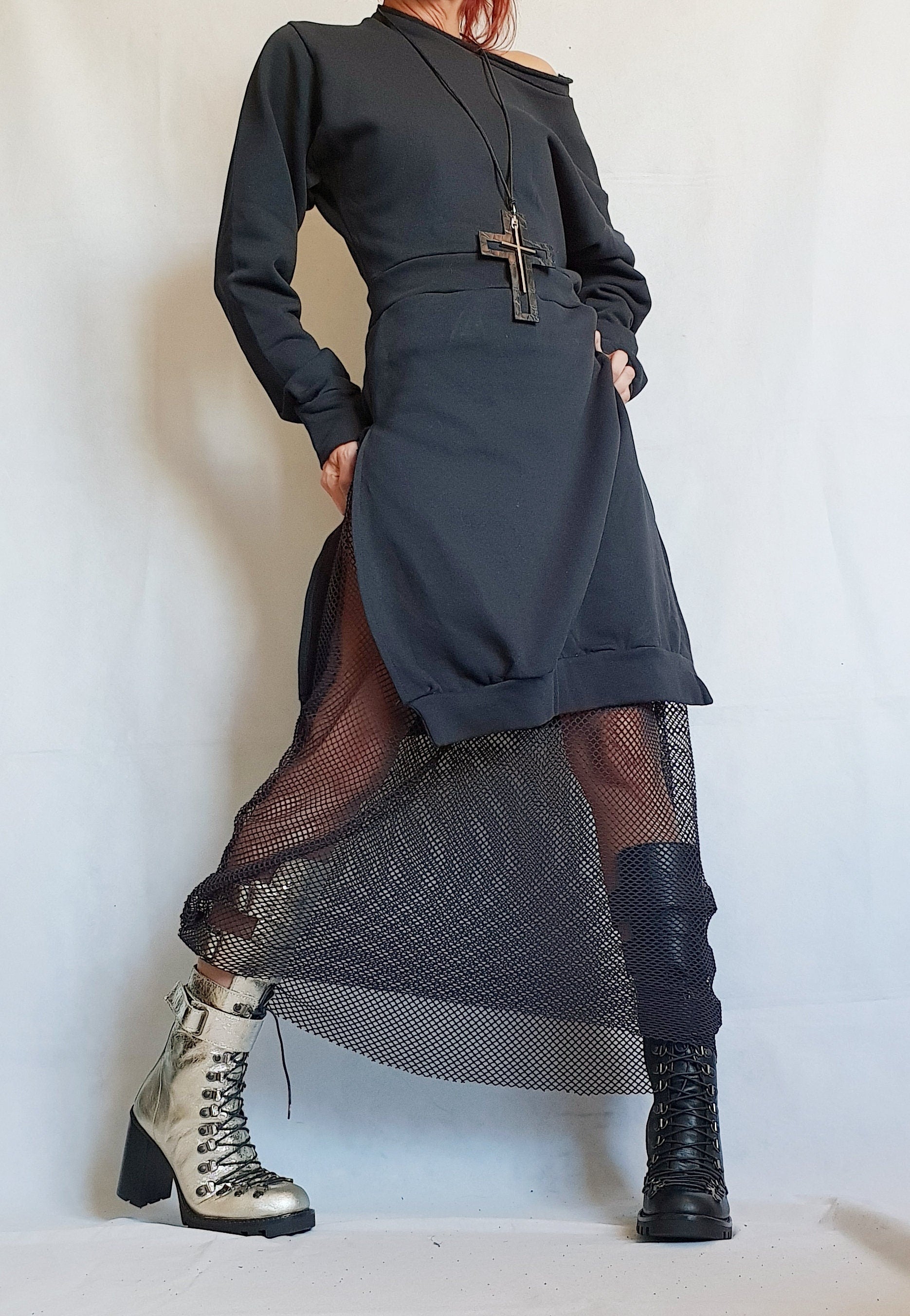 Extravagant Long Dress, Gothic Dress, Black Long Cotton Dress, Asymmetric Dress, Boho Clothing, Sleeve Dress, Steampunk Dress